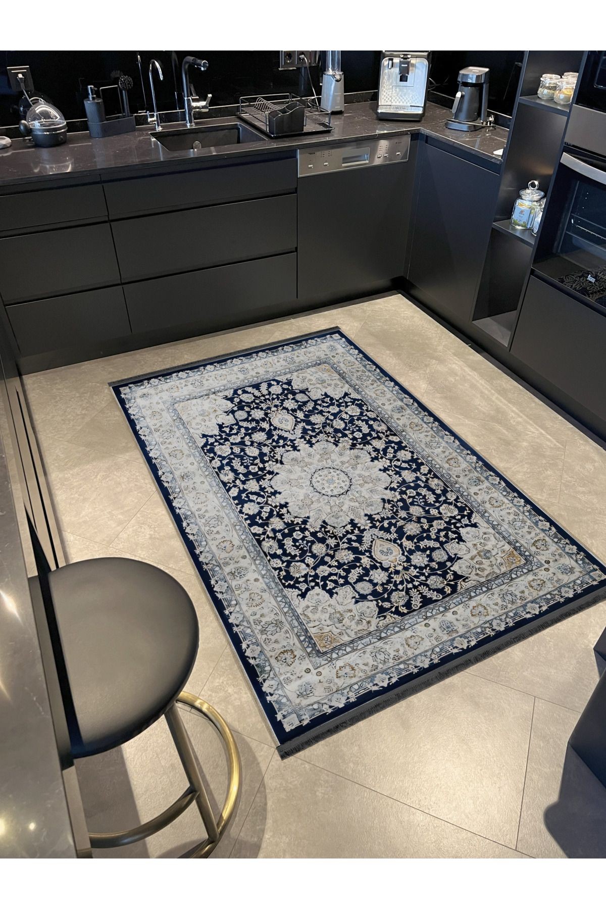 Açık Ton Mavi Bej Temalı Geleneksel Motif Etnik Çiçek Desenli Vintage Dekoratif Halı 2393