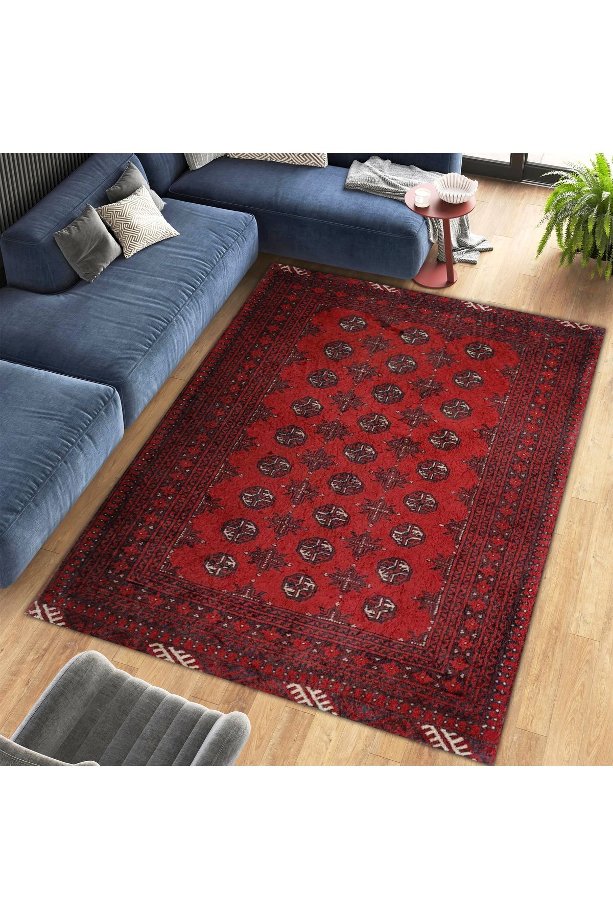 Mete Koleksiyonu Kırmızı Temalı Etnik Şekiller Motifli Desenli Vintage Dekoratif Halı 25