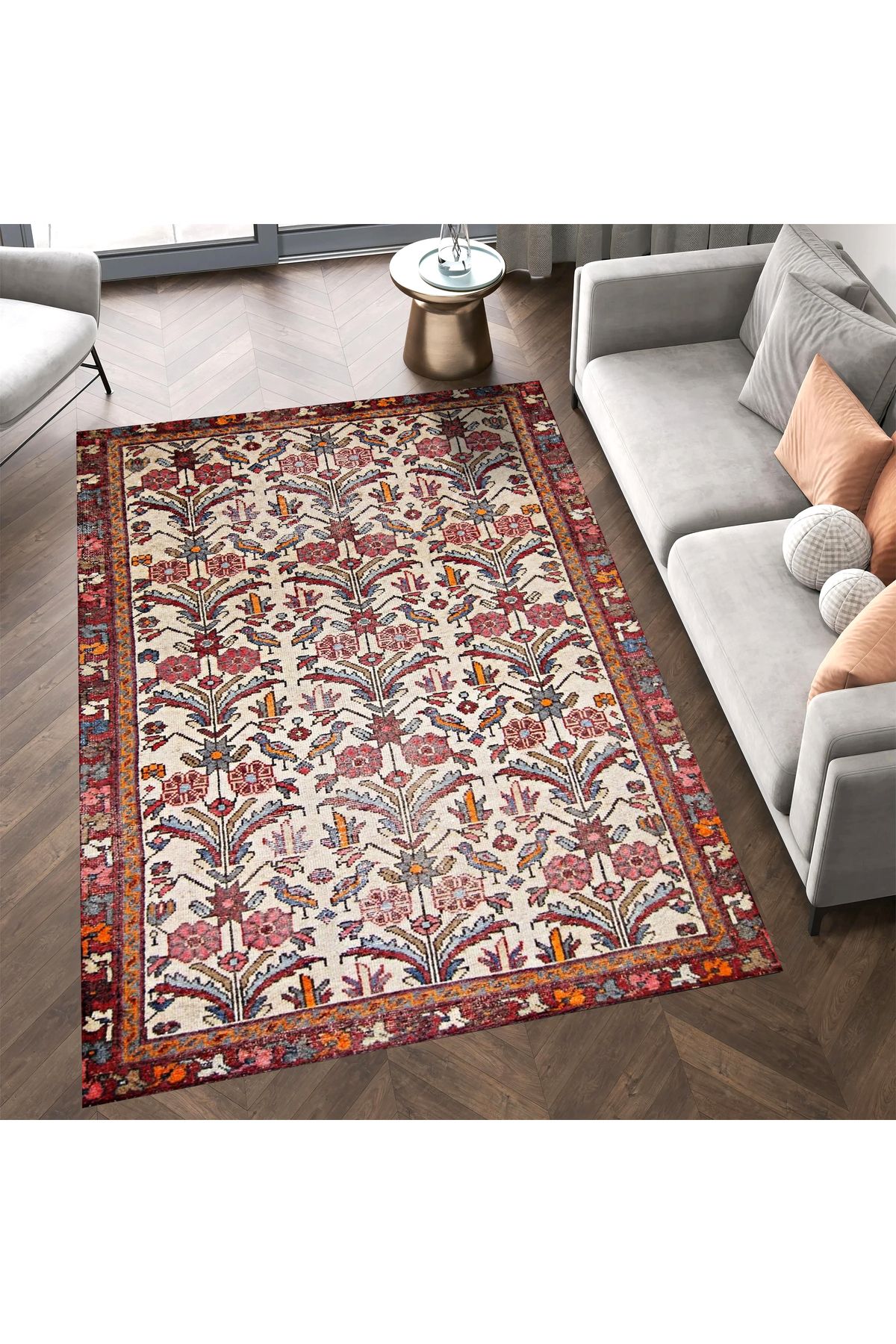 Mete Koleksiyonu Çok Renkli Etnik Çiçek Motifleri ve Geleneksel Desenli Vintage Dekoratif Halı 43