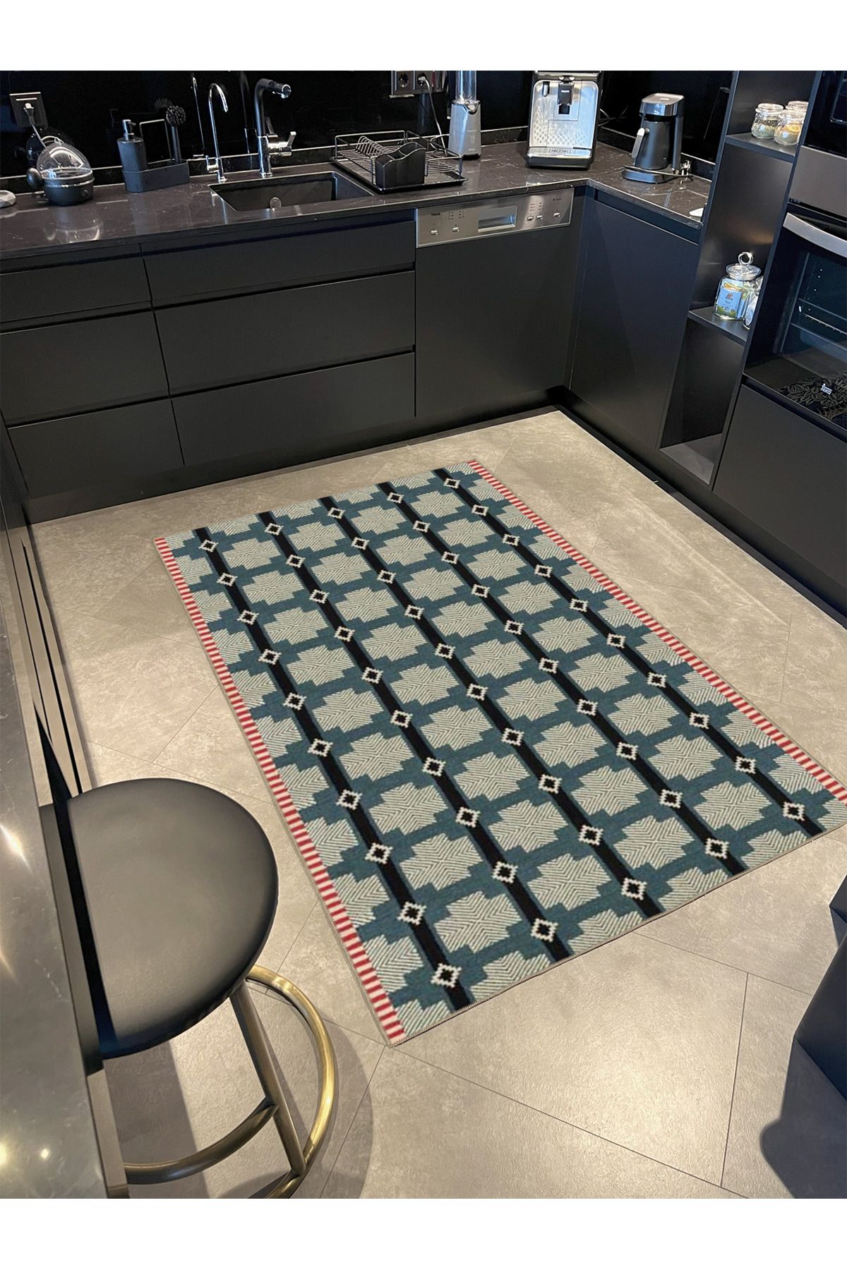 Mavi ve Gri Tonlarında Geometrik Kreatif  Dokuma Taban Halı 4186