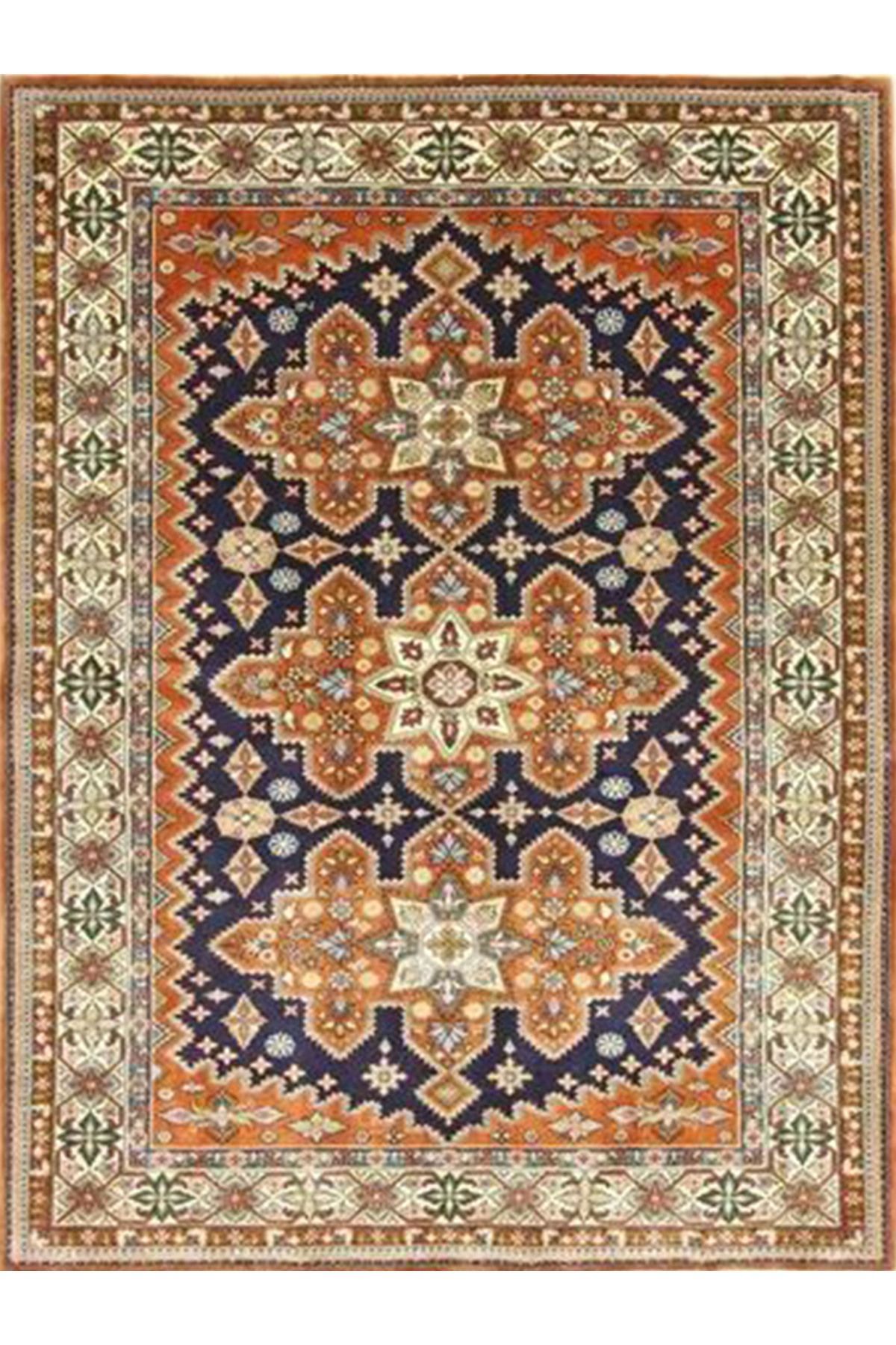 İnci Koleksiyonu Lacivert Bej Tema Geleneksel Desenli Dokuma Taban Vintage Dekoratif Halı inci19