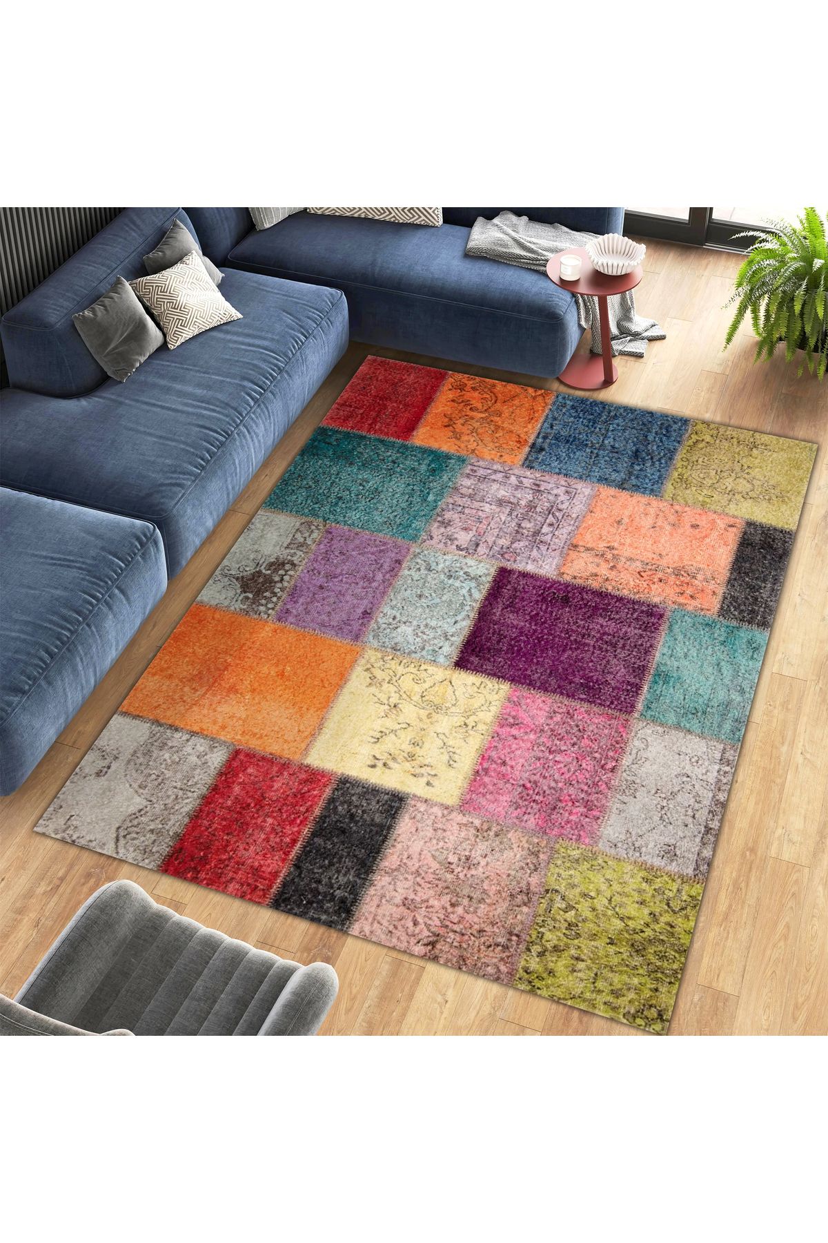 Cansu Koleksiyonu Patchwork Görünümlü Çok Renkli Dokuma Taban Modern Dekoratif Halı cansu10