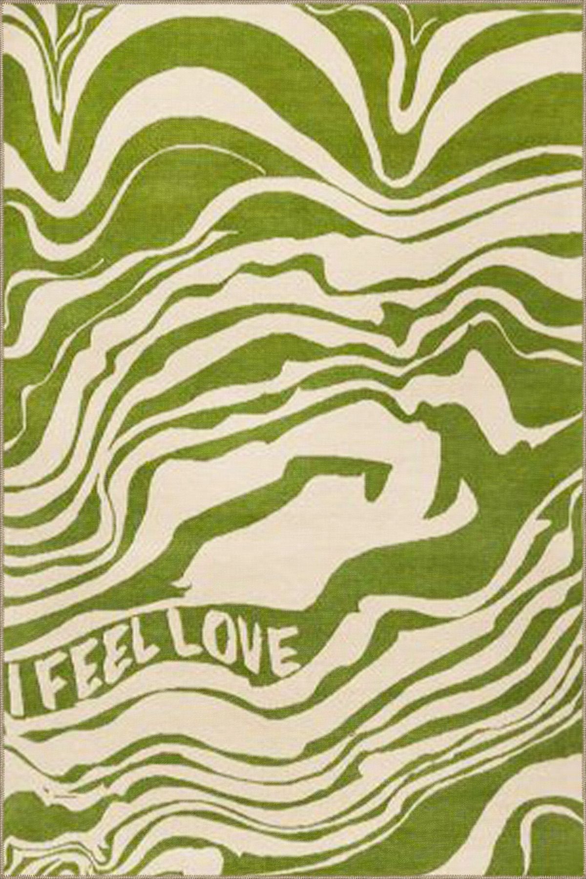 Yeşil Krem Yazılı Dalgalı Desenli Modern Dekoratif Halı miravip475