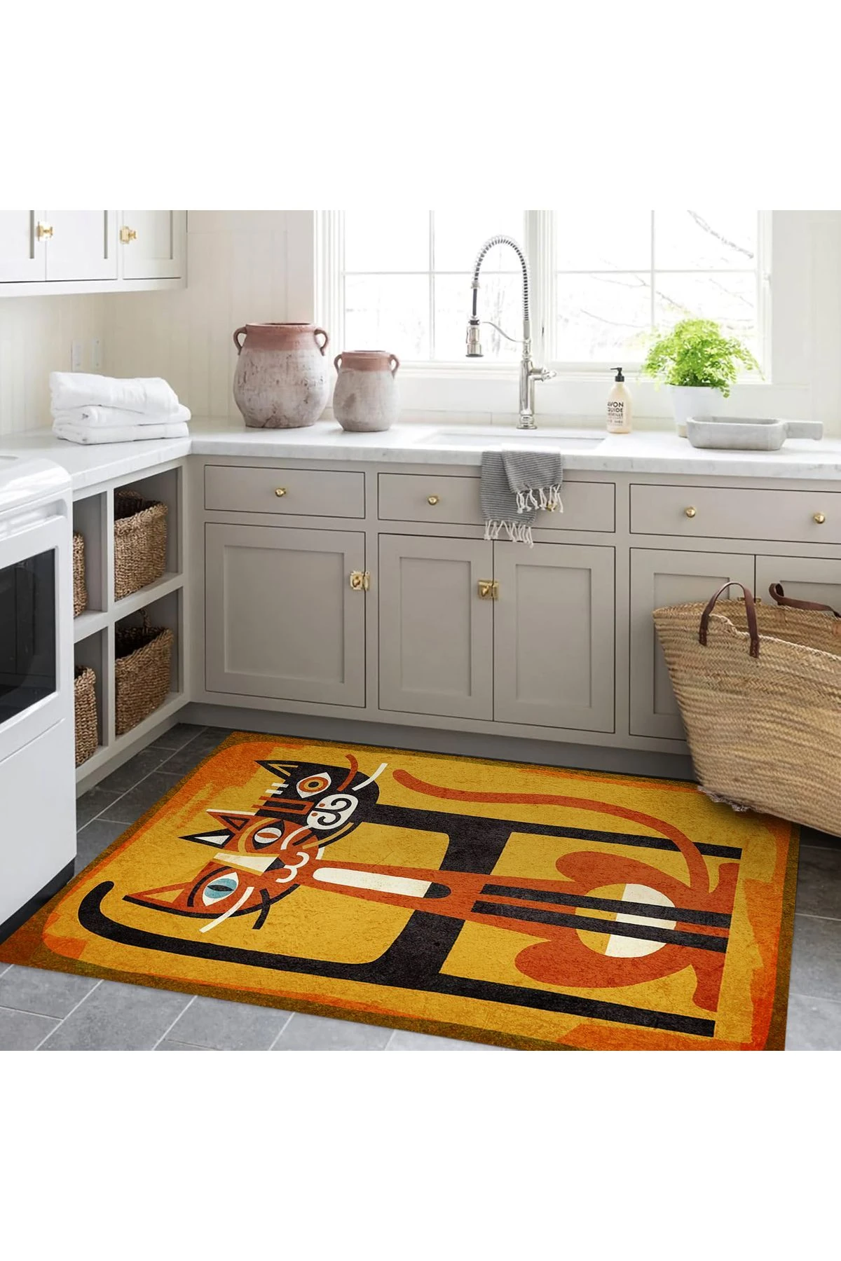 Kuzey Koleksiyonu Turuncu Tonlarda İki Kedi Desenli Dokuma Taban Modern Dekoratif Halı kuzey21