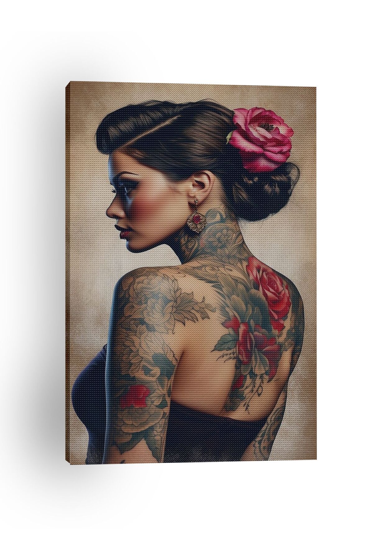 Kanvas Tablo Yan Pozlu Çiçekli Dövmeli Pozlu Kadın Temalı Tablo