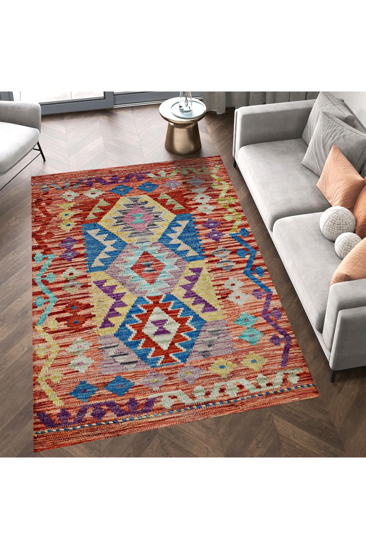 Mete Koleksiyonu Çok Renkli Geometrik Motifler Desenli Vintage Dekoratif Halı 09