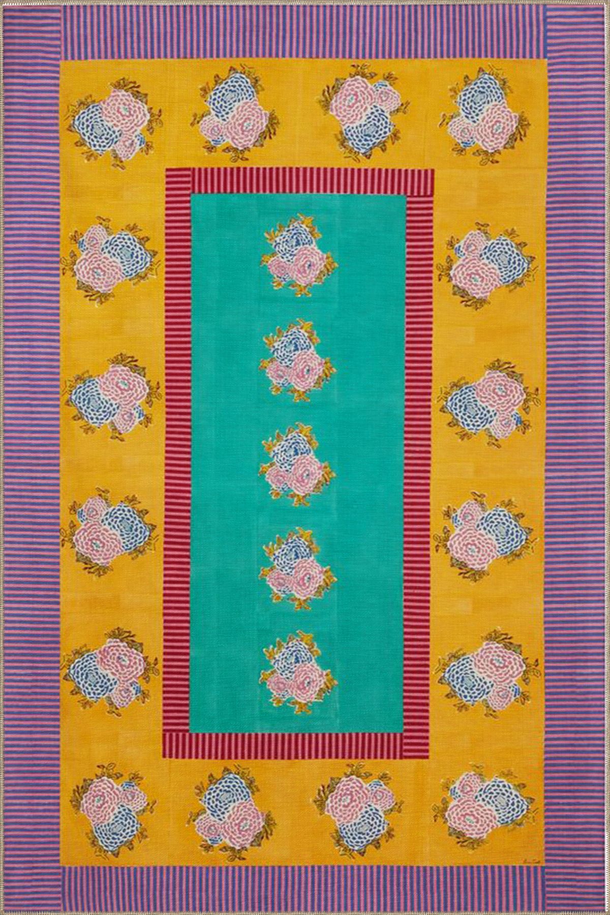 Mor Çizgili Çiçek Motifli Desenli Yıkanabilir Dokuma Taban Halı miravip1059