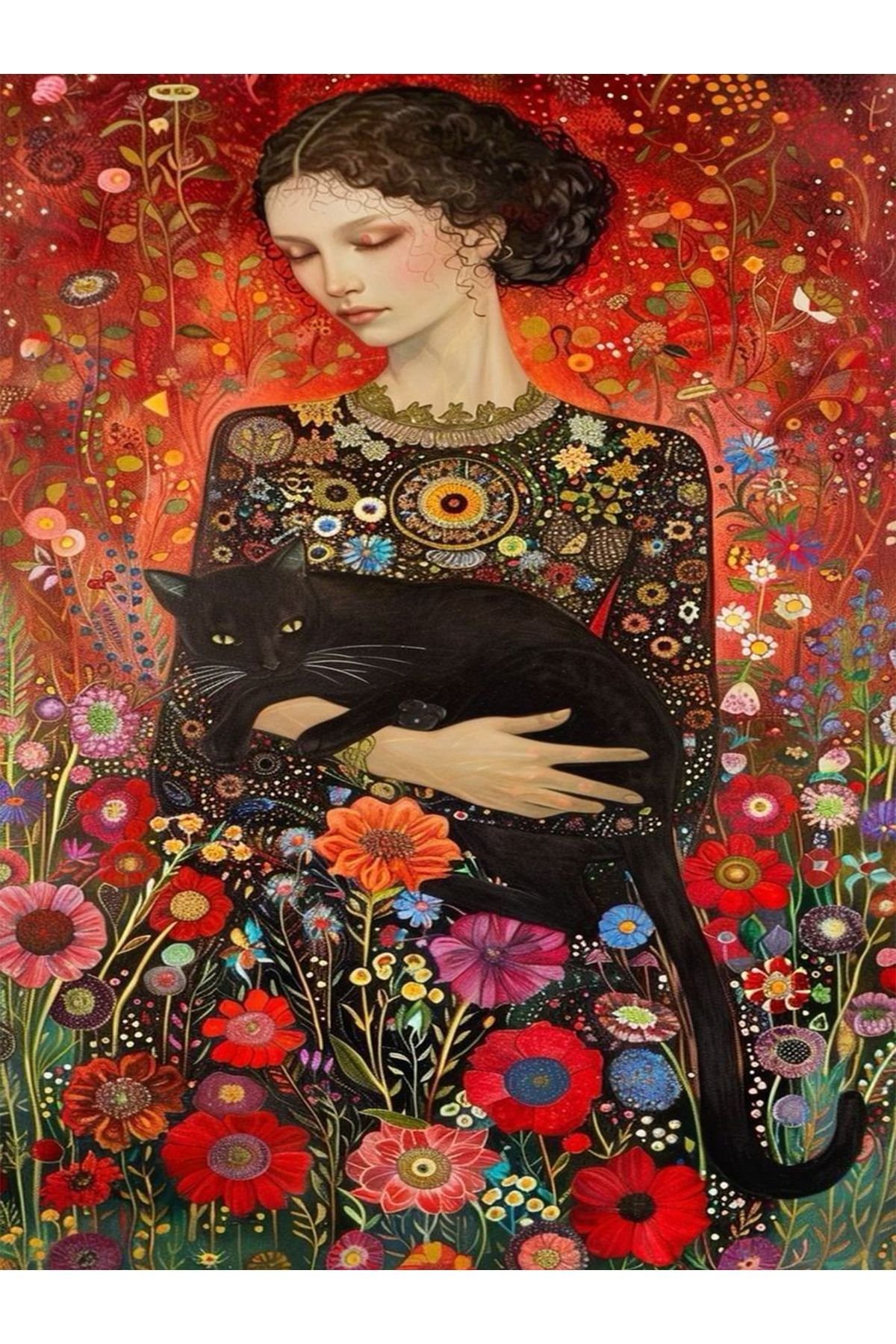 İnci Koleksiyonu Kadın Kedi ve Çiçekler Detaylı Çok Renkli Dokuma Taban Modern Dekoratif Halı inci46