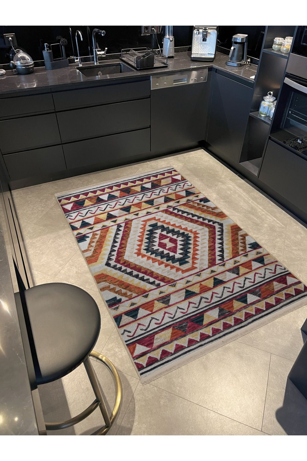 Çok Renkli Geleneksel Motif Desenli Saçaklı Vintage Dekoratif Halı 3076