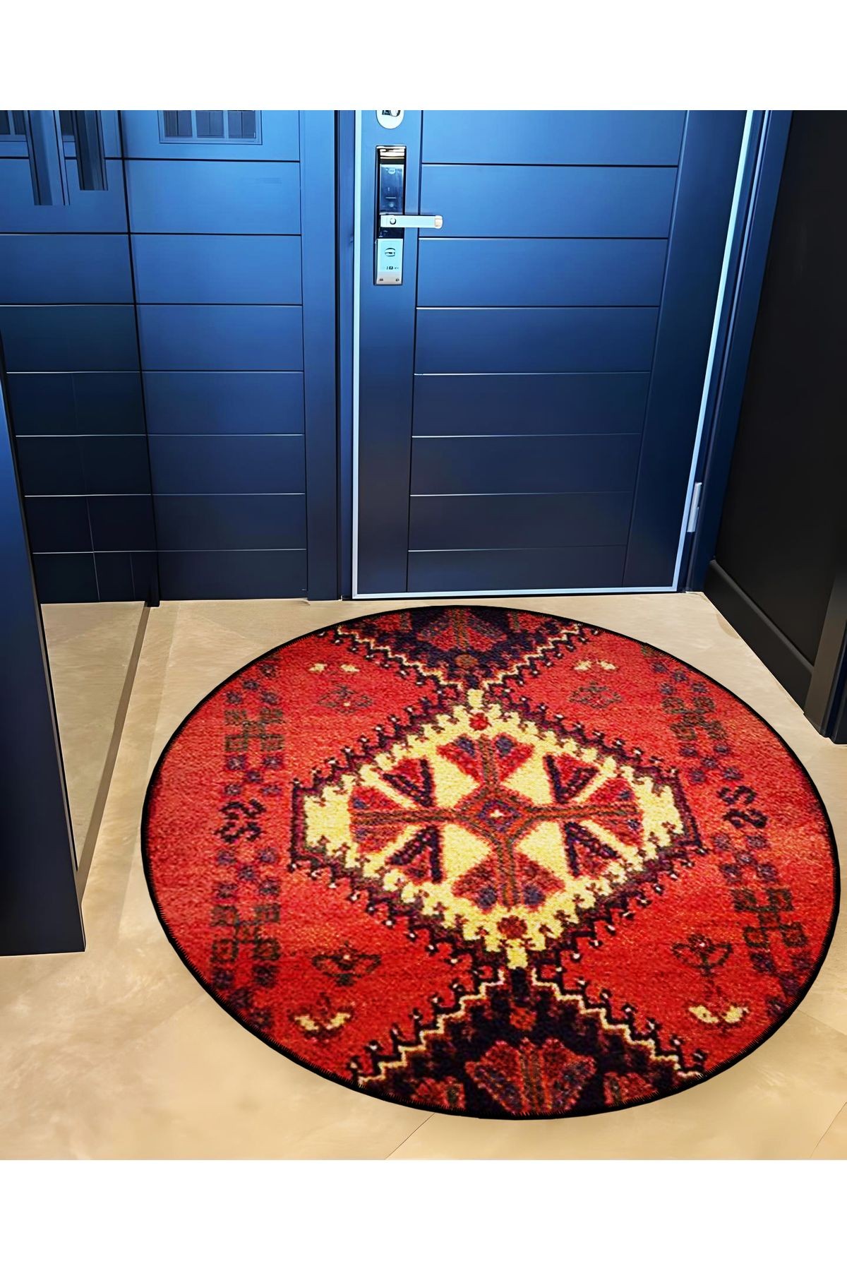 Kırmızı Tema Etnik Motifli Geleneksel Desenli Yuvarlak Dokuma Taban Vintage Dekoratif Halı 6221