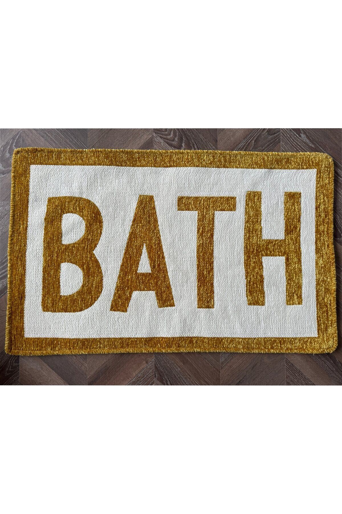 Bath Yazılı Hardal Ekru Dokuma Banyo Paspası 90×57