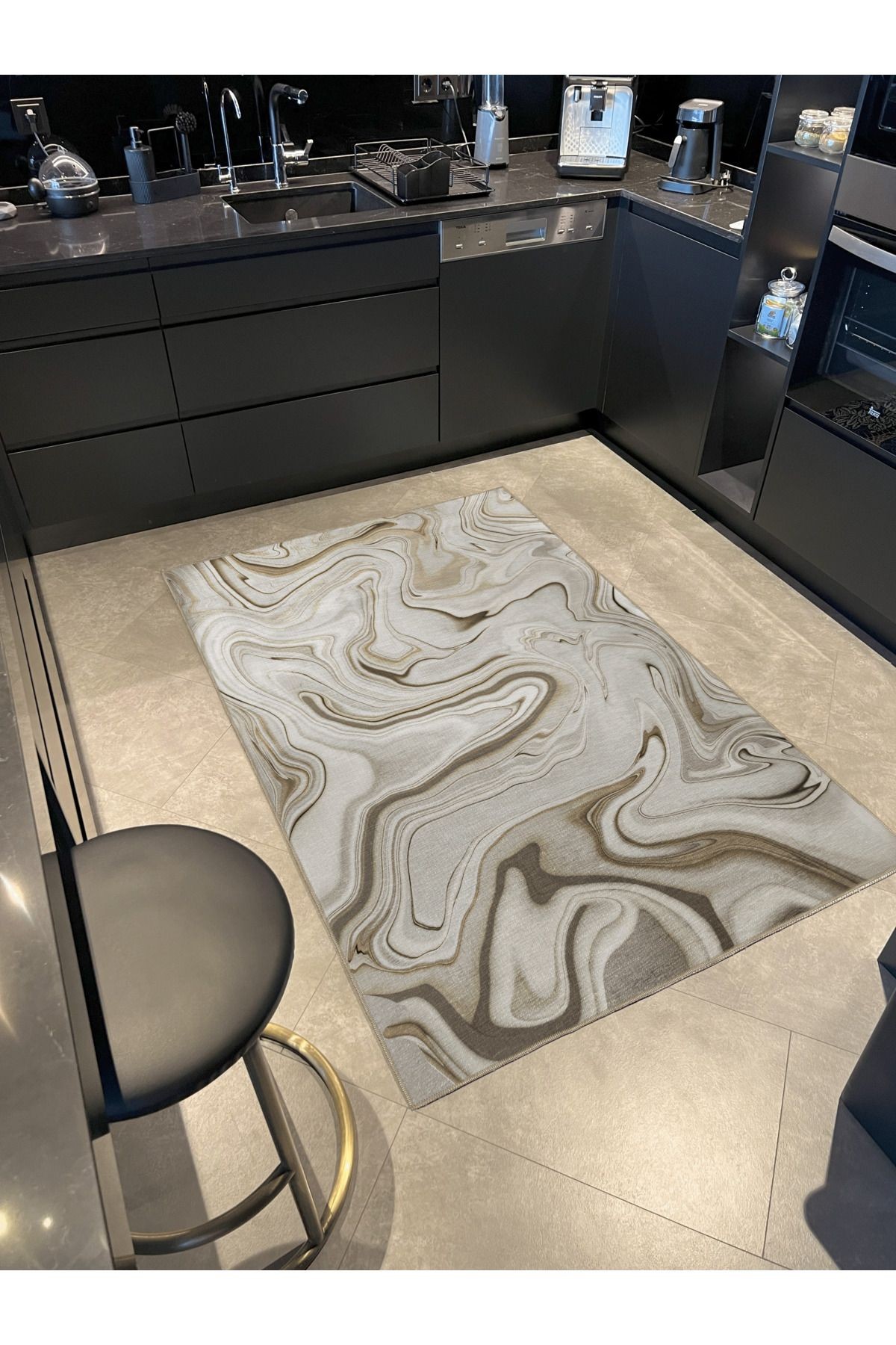 Bej Gri Temalı Soyut Dalgalı Spiral Desenli Kreatif Modern Dekoratif Halı 2353