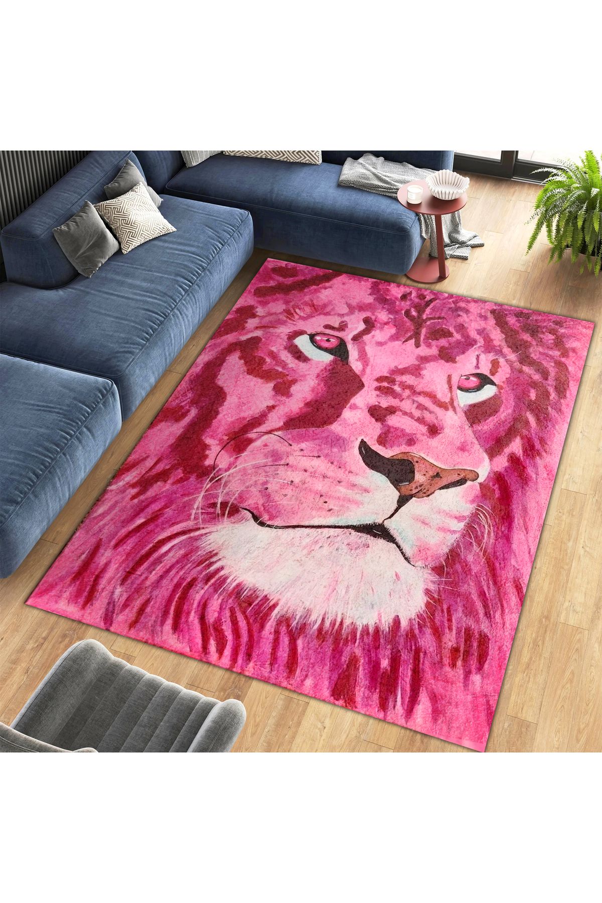 Kuzey Koleksiyonu Pembe Aslan Desenli Dokuma Taban Dekoratif Halı kuzey17