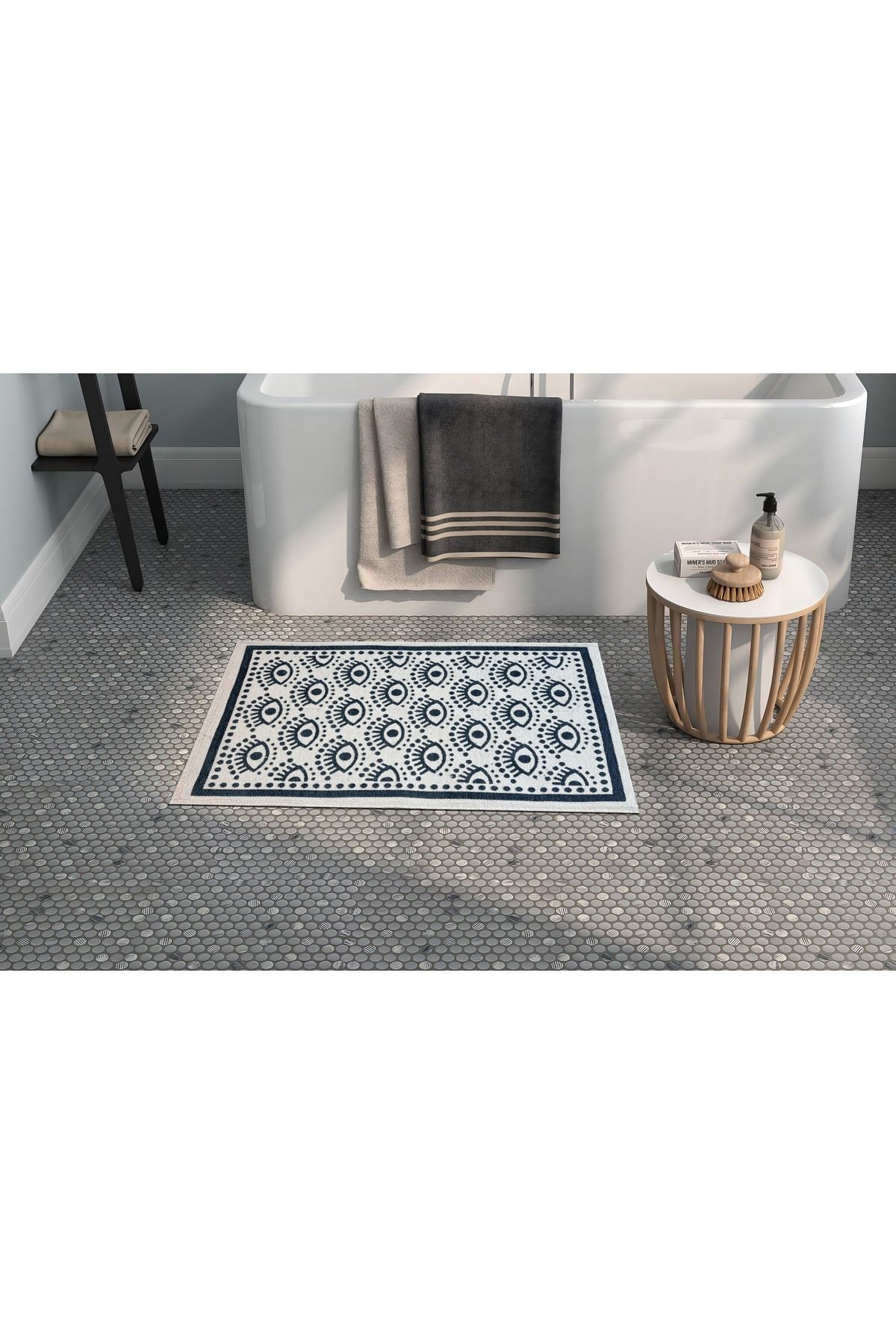 Göz Temalı Beyaz Lacivert Dokuma Banyo Paspası 90×57