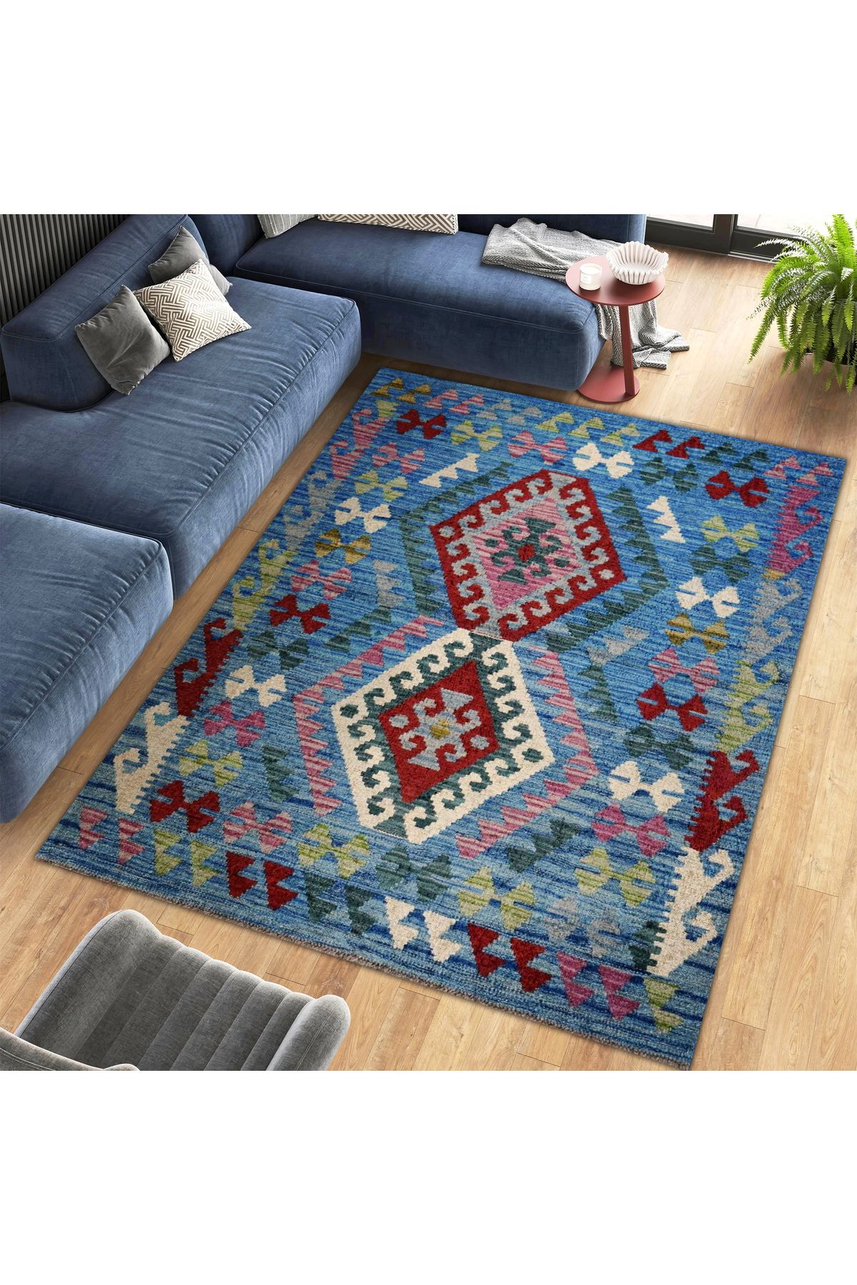 Asena Koleksiyonu Mavi Temalı Geometrik Şekiller Desenli Vintage Dekoratif Halı 09