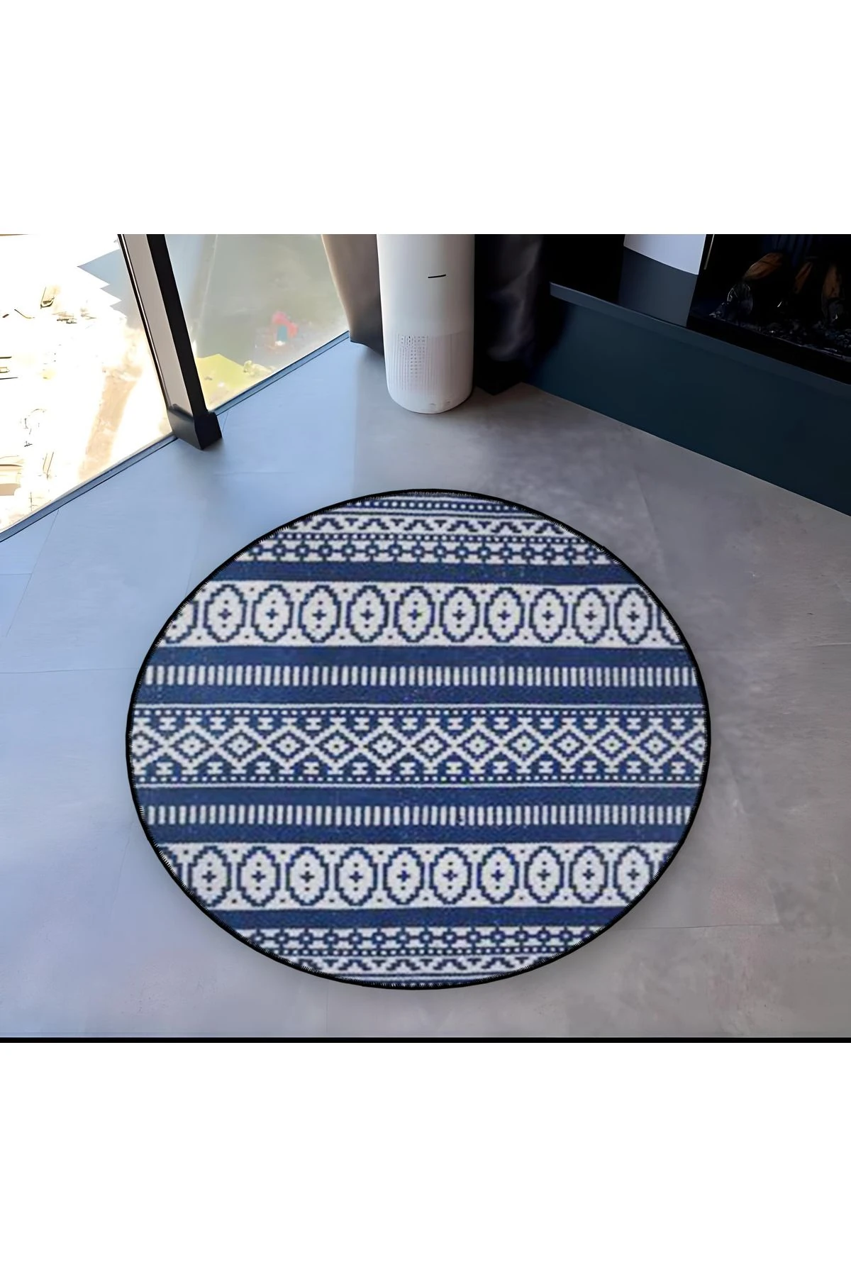 Mavi Temalı Etnik Motif Desenli Yuvarlak Dokuma Taban Vintage Dekoratif Halı 6118
