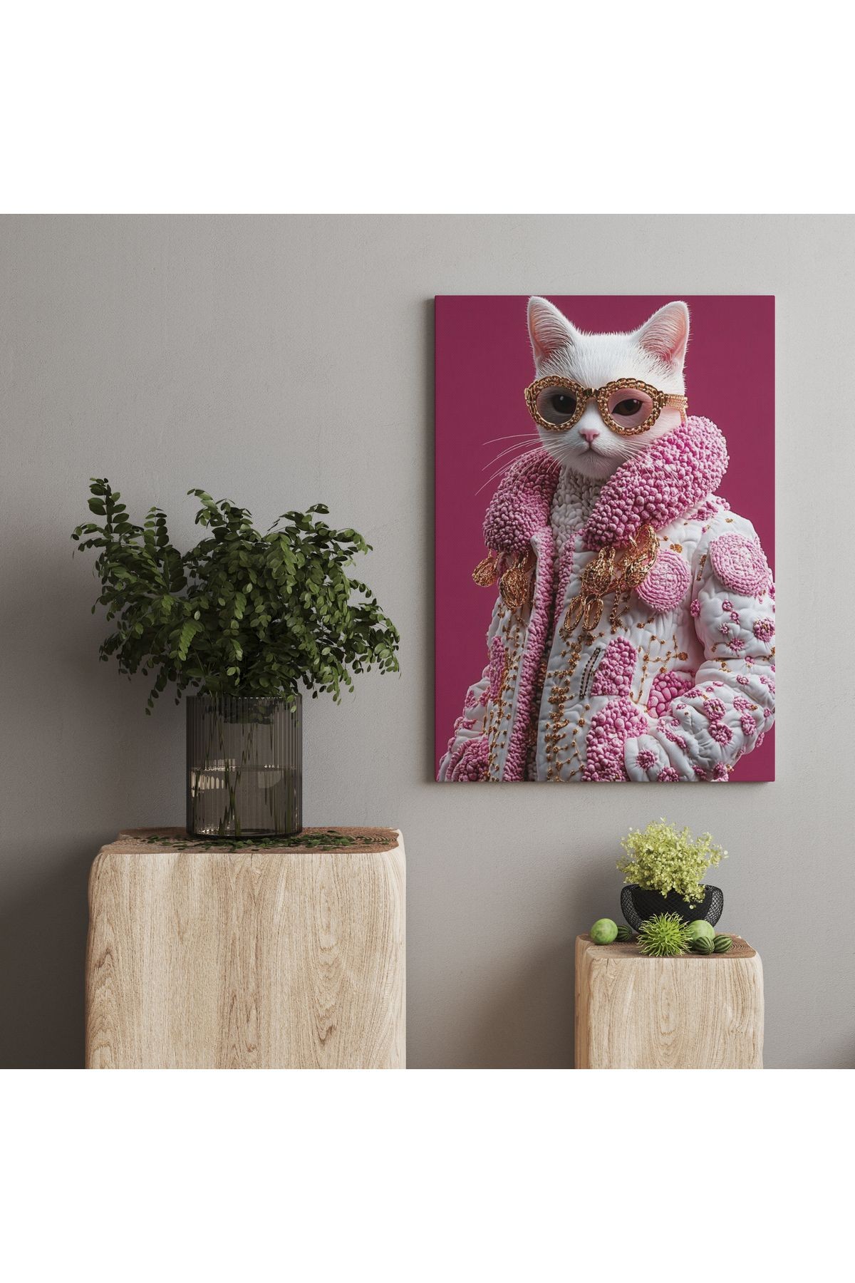Kanvas Tablo Pembe Temalı Beyaz Süslü Kedi Desenli tablo5005