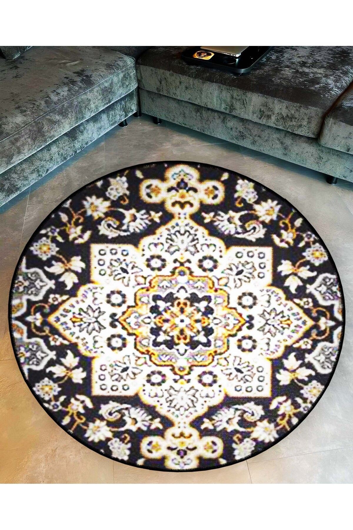 Kahve Bej Temalı Etnik Motif Geleneksel Desenli Yuvarlak Dokuma Taban Vintage Dekoratif Halı 6233