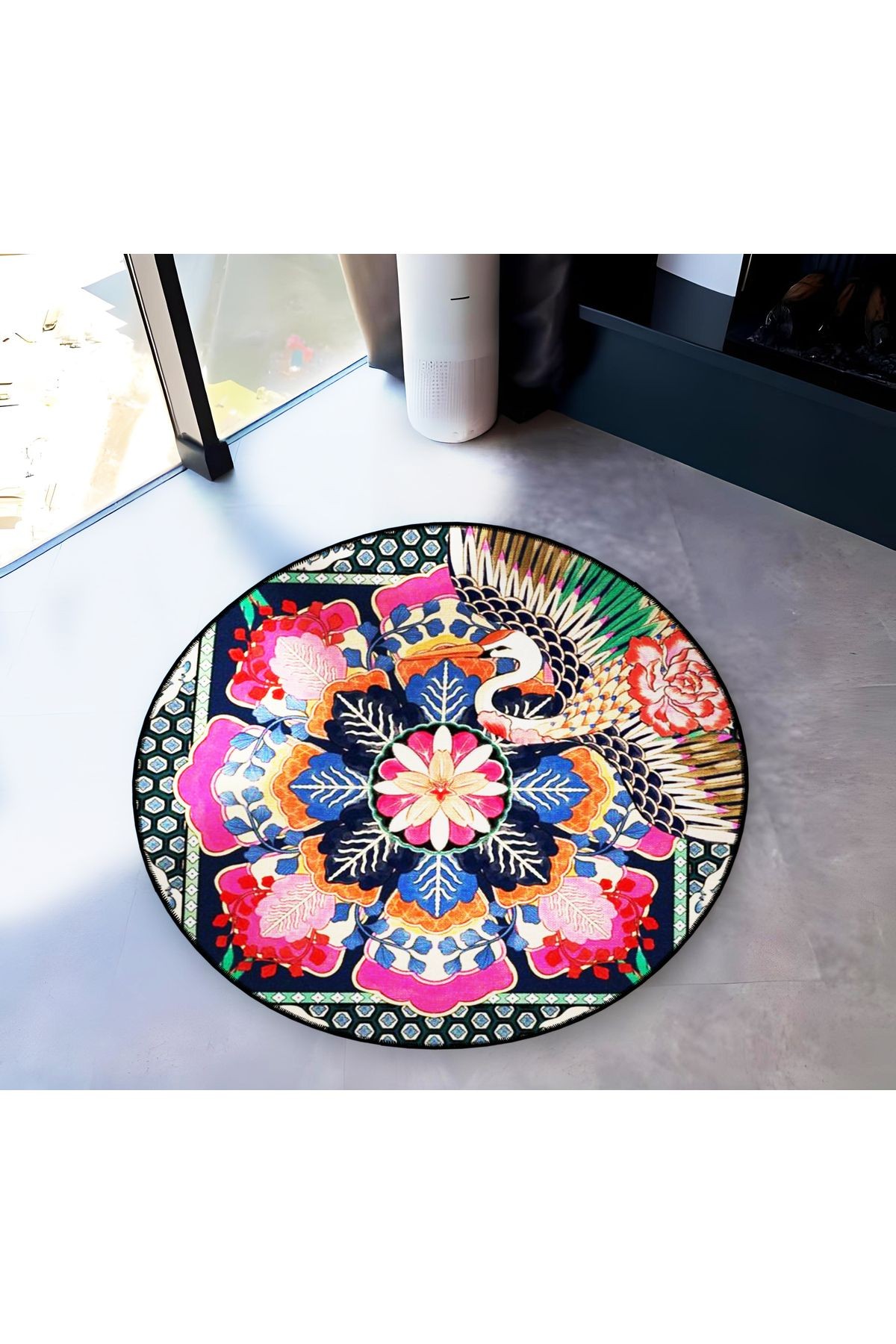 Çiçek Temalı Motifler ve Leylek Desenli Yuvarlak Dokuma Taban Vintage Dekoratif Halı 6181