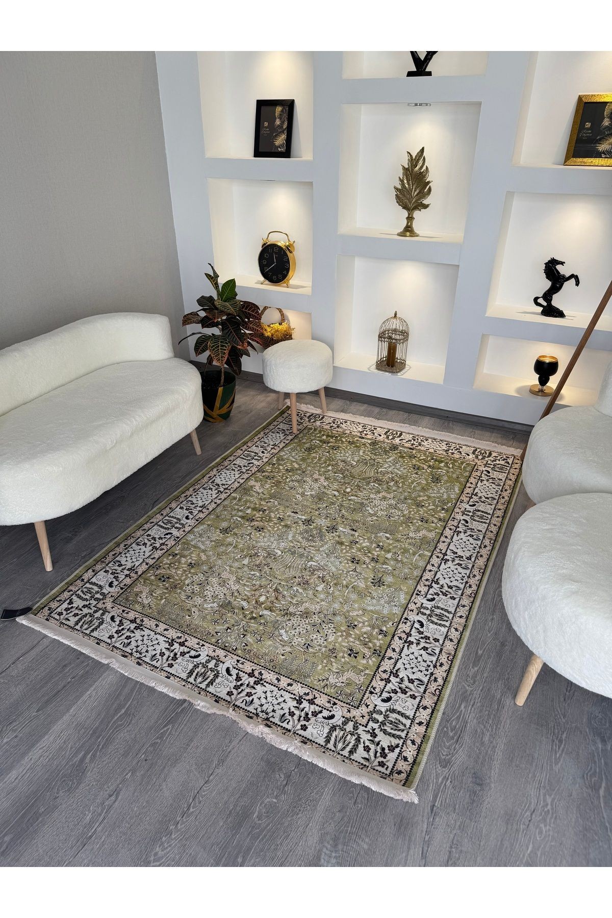 Yeşil Bej Temalı Geleneksel Motif Etnik Çiçek Desenli Kreatif Vintage Dekoratif Halı 2782