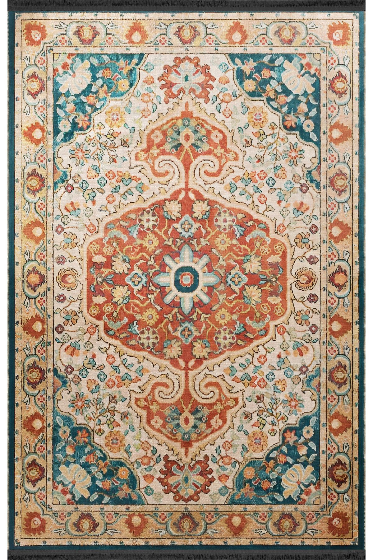 Mavi Turuncu Temalı Geleneksel Motif Etnik Desenli Kreatif Vintage Dekoratif Halı 2029