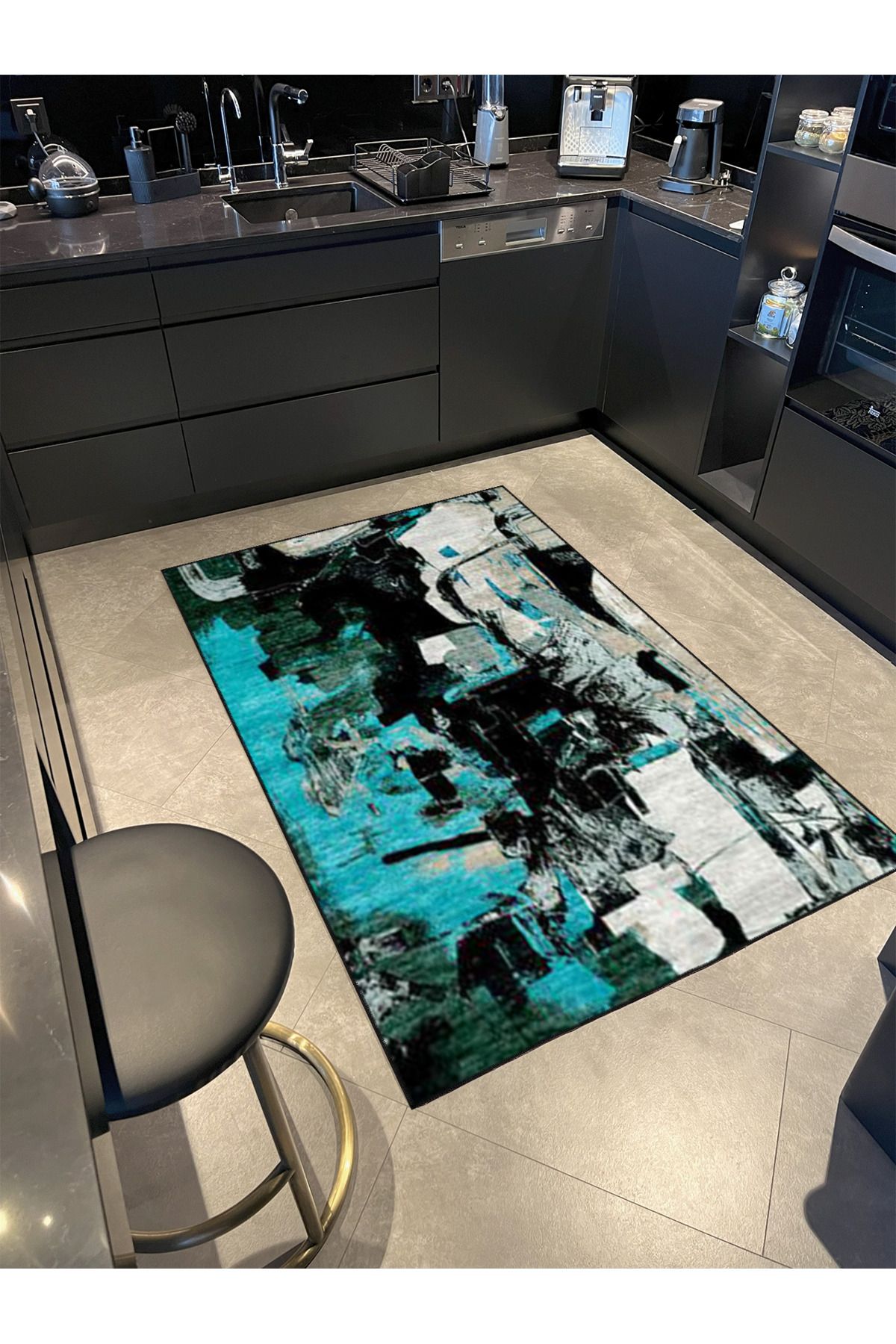 Modern Mavi Beyaz Pastel Boyalı Dekoratif Halı 4467