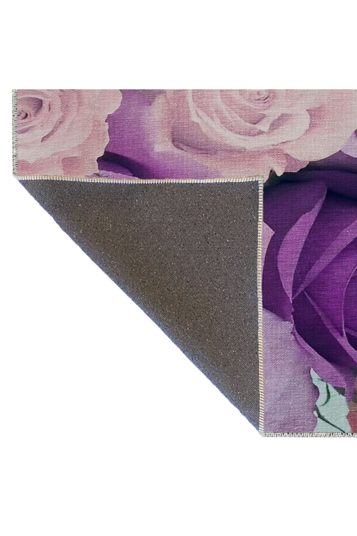 Mor Pembe Temalı Çiçek Gül Desenli Kreatif Modern Dekoratif Halı 2308
