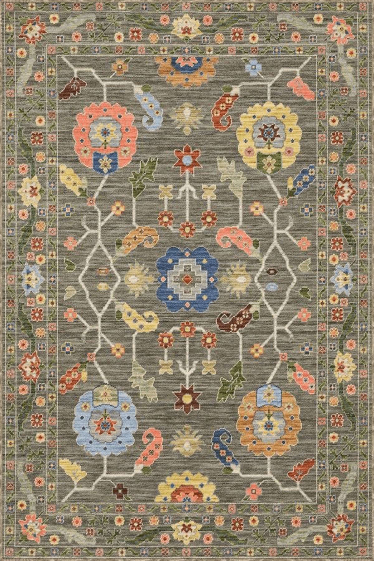 Gri Temalı Çok Renkli Motifli Etnik Desenli Vintage Dekoratif Halı 3932
