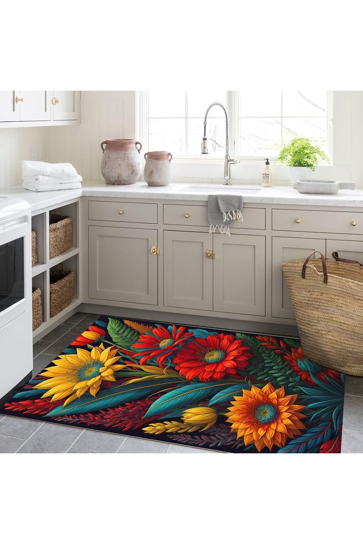 Kubilay Koleksiyonu Çok Renkli Floral Karma Çiçekler Desenli Dokuma Taban Modern Dekoratif Halı 11