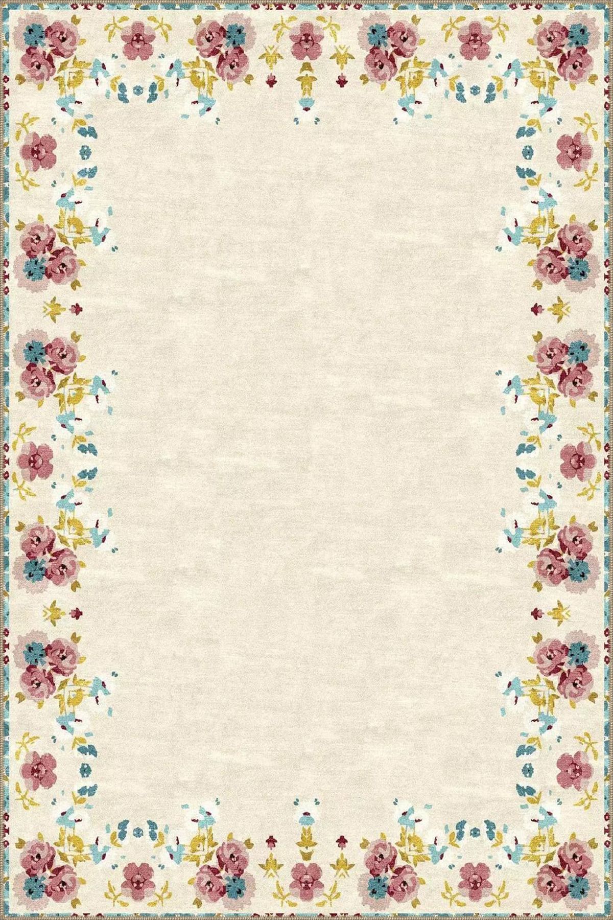 Floral Krem Renkli Desenli Dekoratif Halı miravip908
