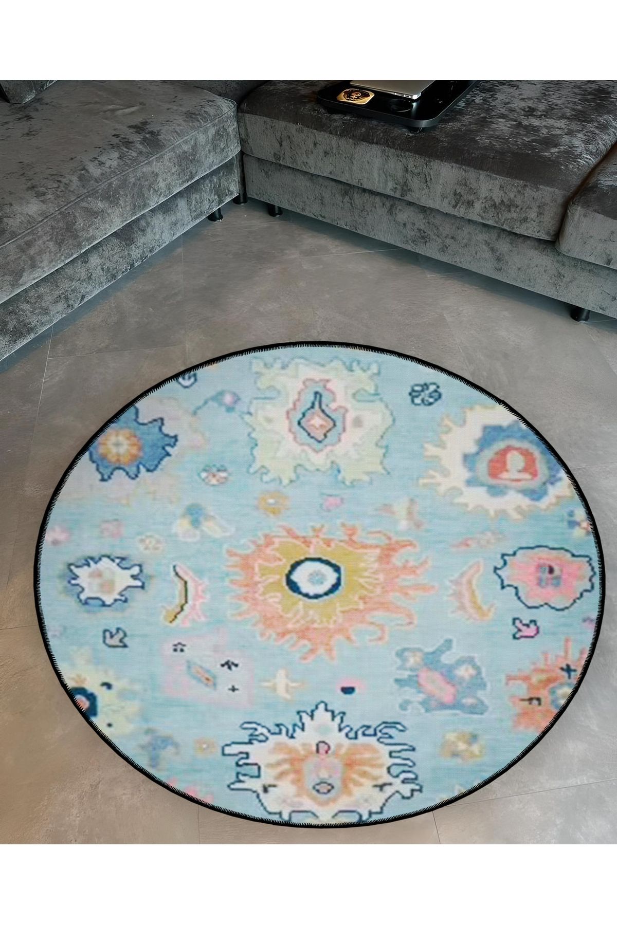 Mavi Tema Etnik Motif Desenli Yuvarlak Dokuma Taban Vintage Dekoratif Halı 6123