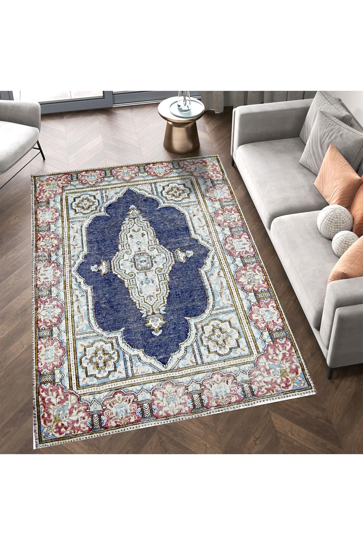 Asena Koleksiyonu Lacivert ve Krem Temalı Geleneksel Desenli Vintage Dekoratif Halı 04