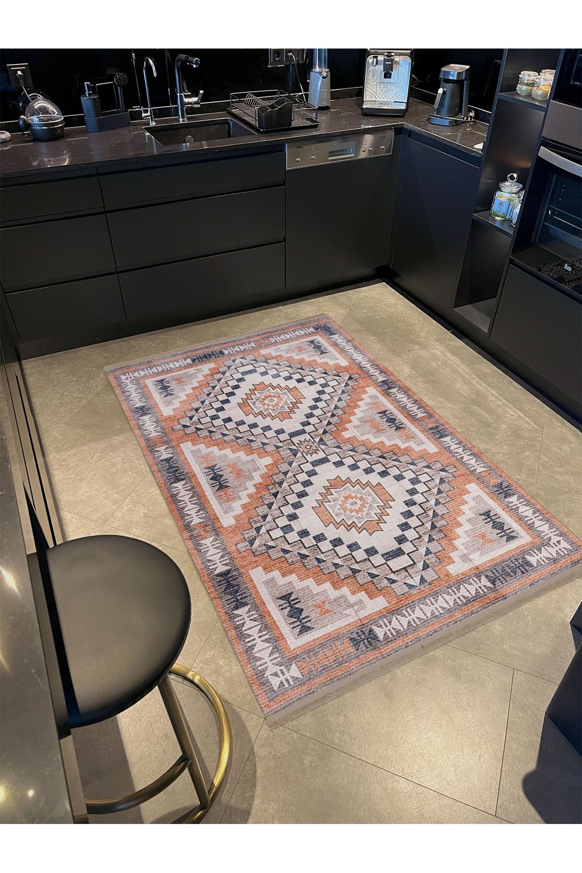 Umay Koleksiyonu Eskitme Görünümlü Turuncu Gri Desenli Dokuma Taban Modern Dekoratif Halı umay25