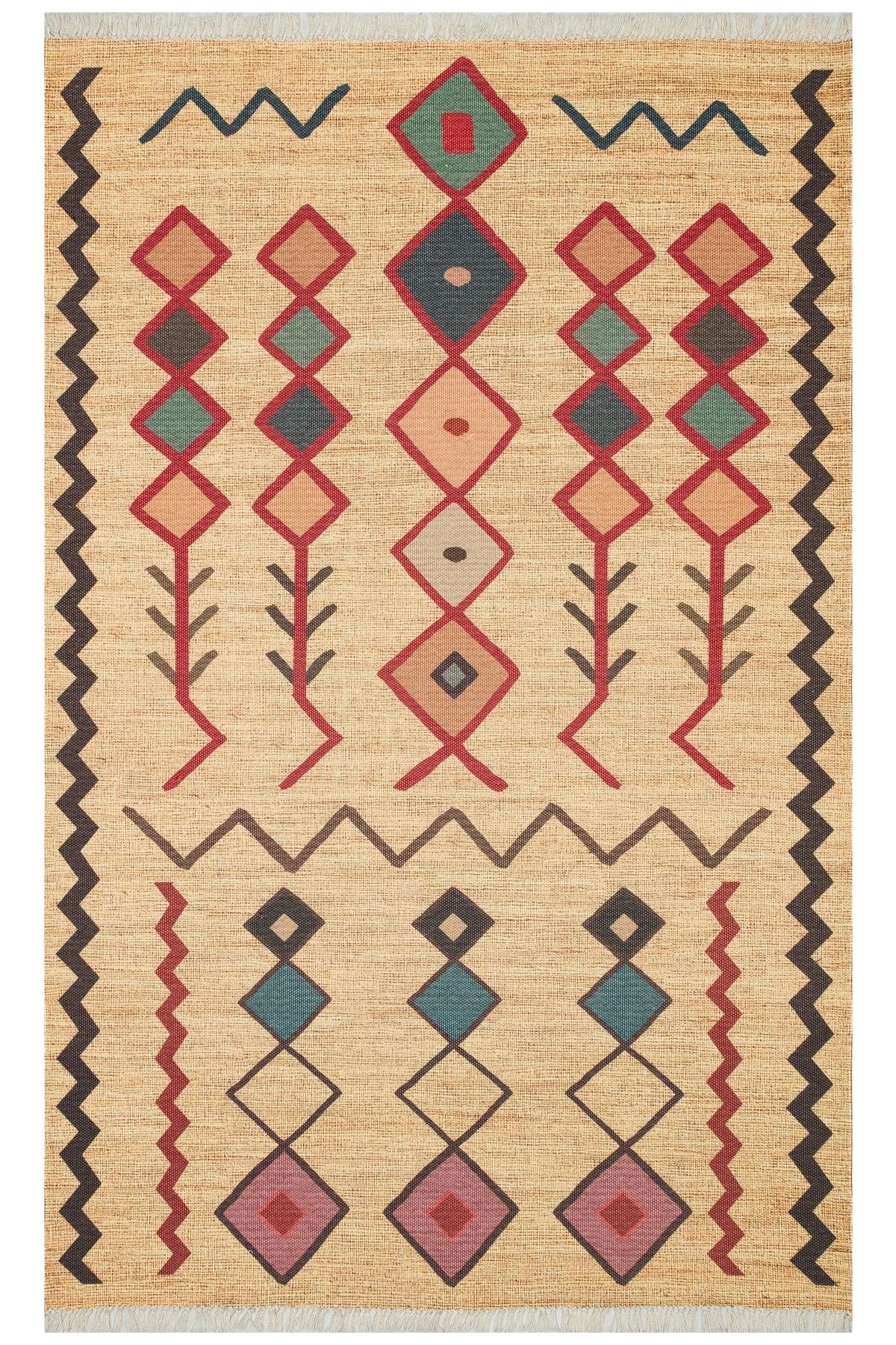 Moroccan 535 Etnik Desenli Boho Stil Jüt Görünüm Saçaklı Kilim