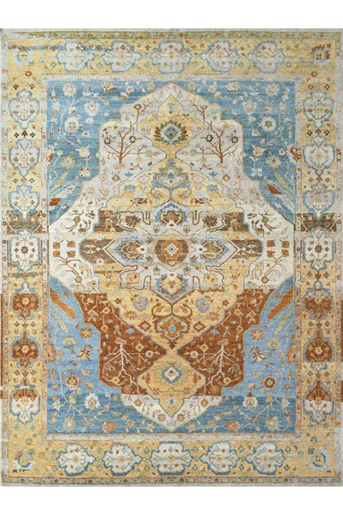 Barcelona Koleksiyonu Bej Mavi Temalı Geleneksel Motif Desenli Vintage Dekoratif Halı 19