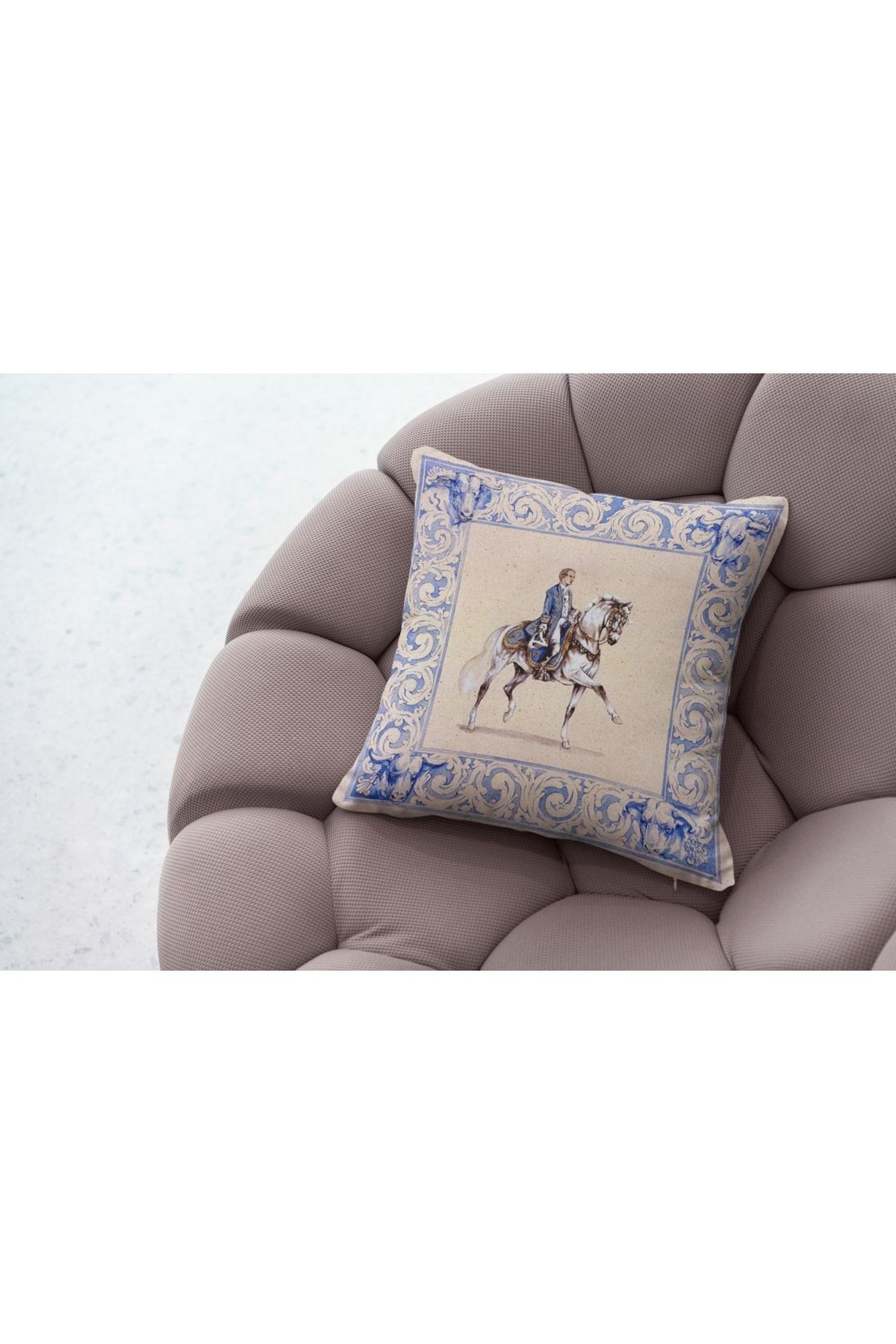 Kırlent Mavi Krem Beyaz At Temalı Pillow48