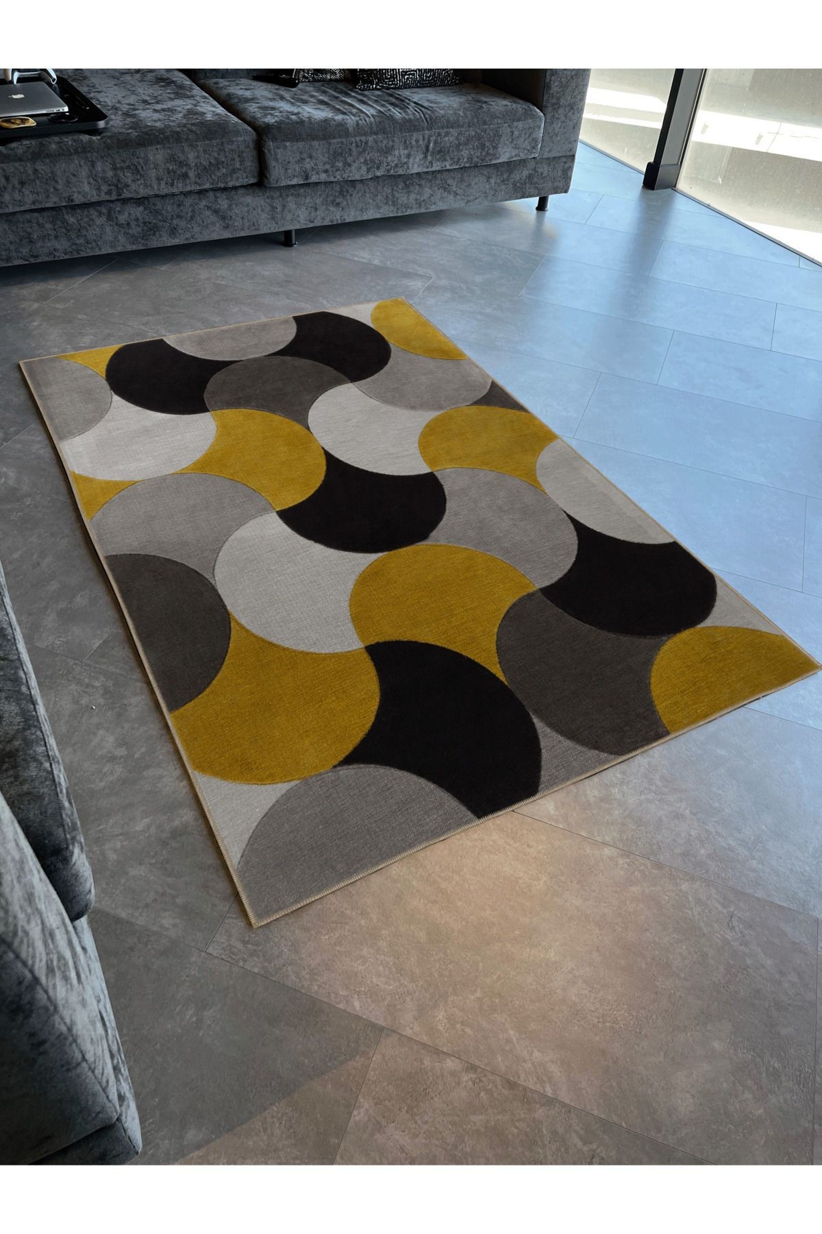 Sarı Gri Temalı Daire Geometrik Desenli Kreatif Modern Dekoratif Halı 3104