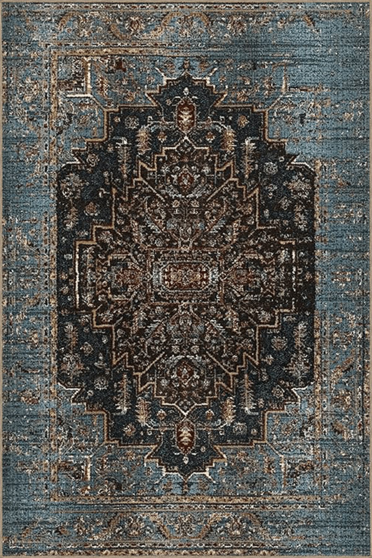 Mavi Temalı Çok Renkli Geleneksel Motif Desenli Vintage Dekoratif Halı 4510