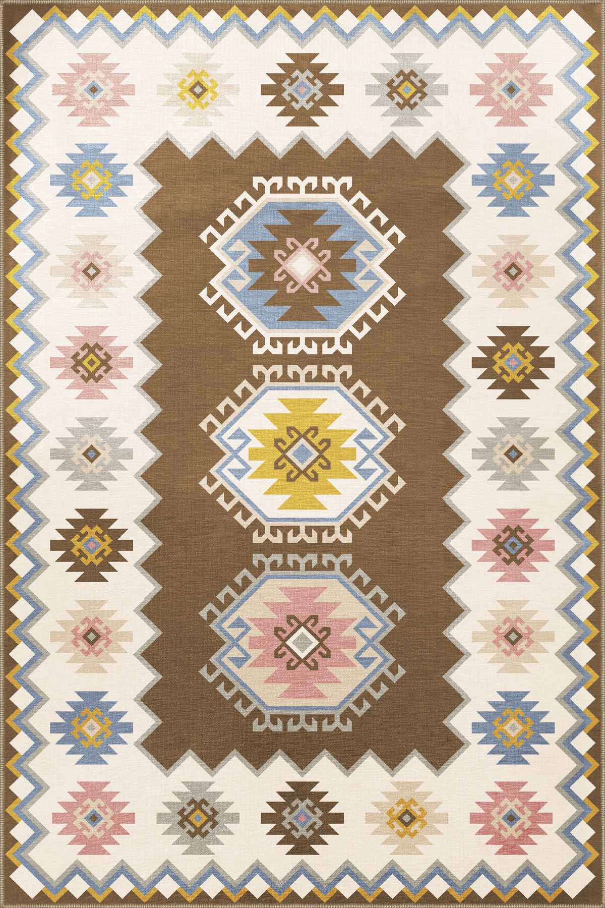 Kahve Bej Temalı Geleneksel Motif Desenli Vintage Dekoratif Halı 3348