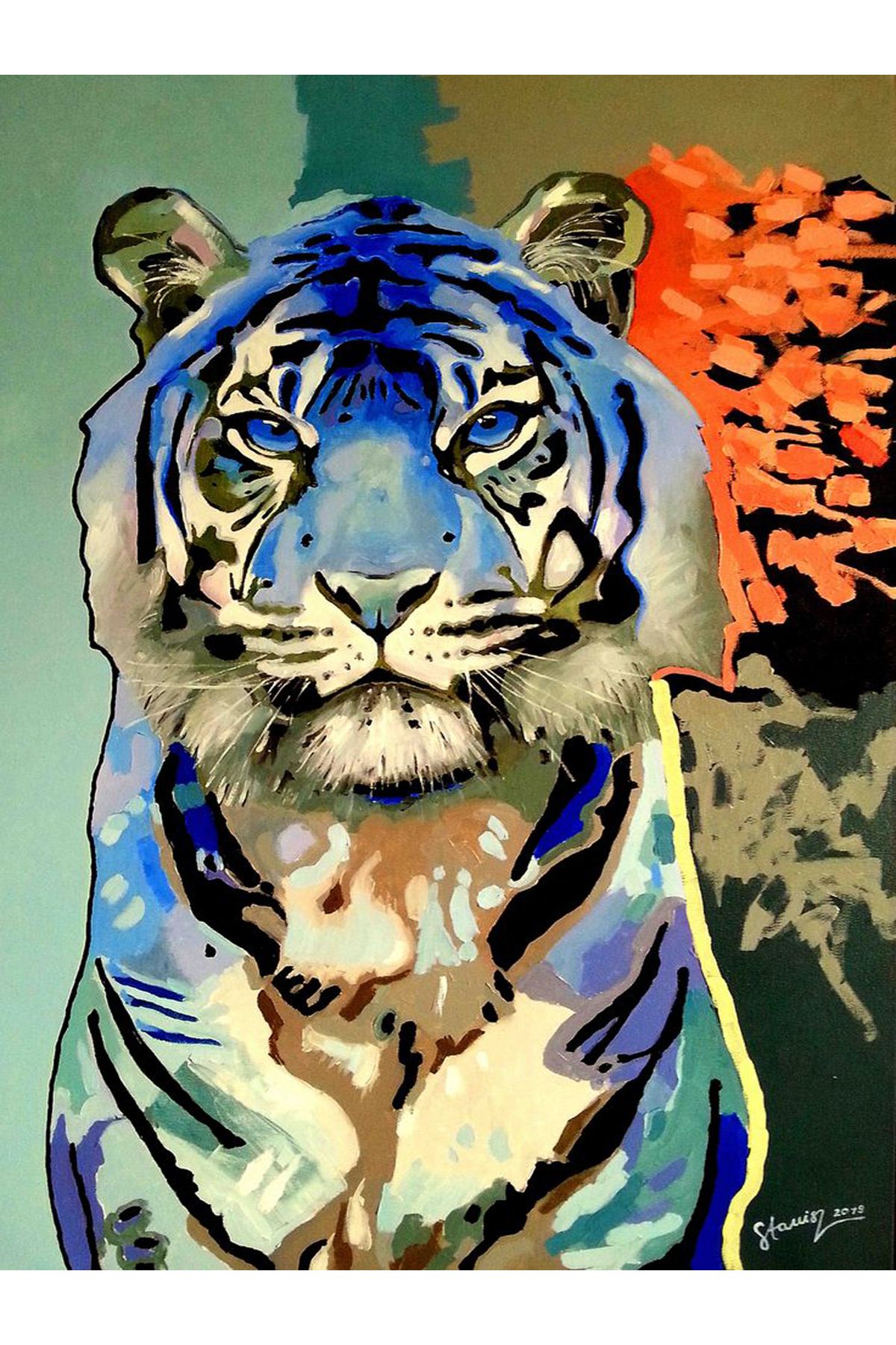 Kuzey Koleksiyonu Mavi Turuncu Detaylı Kaplan Desenli Dokuma Taban Dekoratif Halı kuzey27