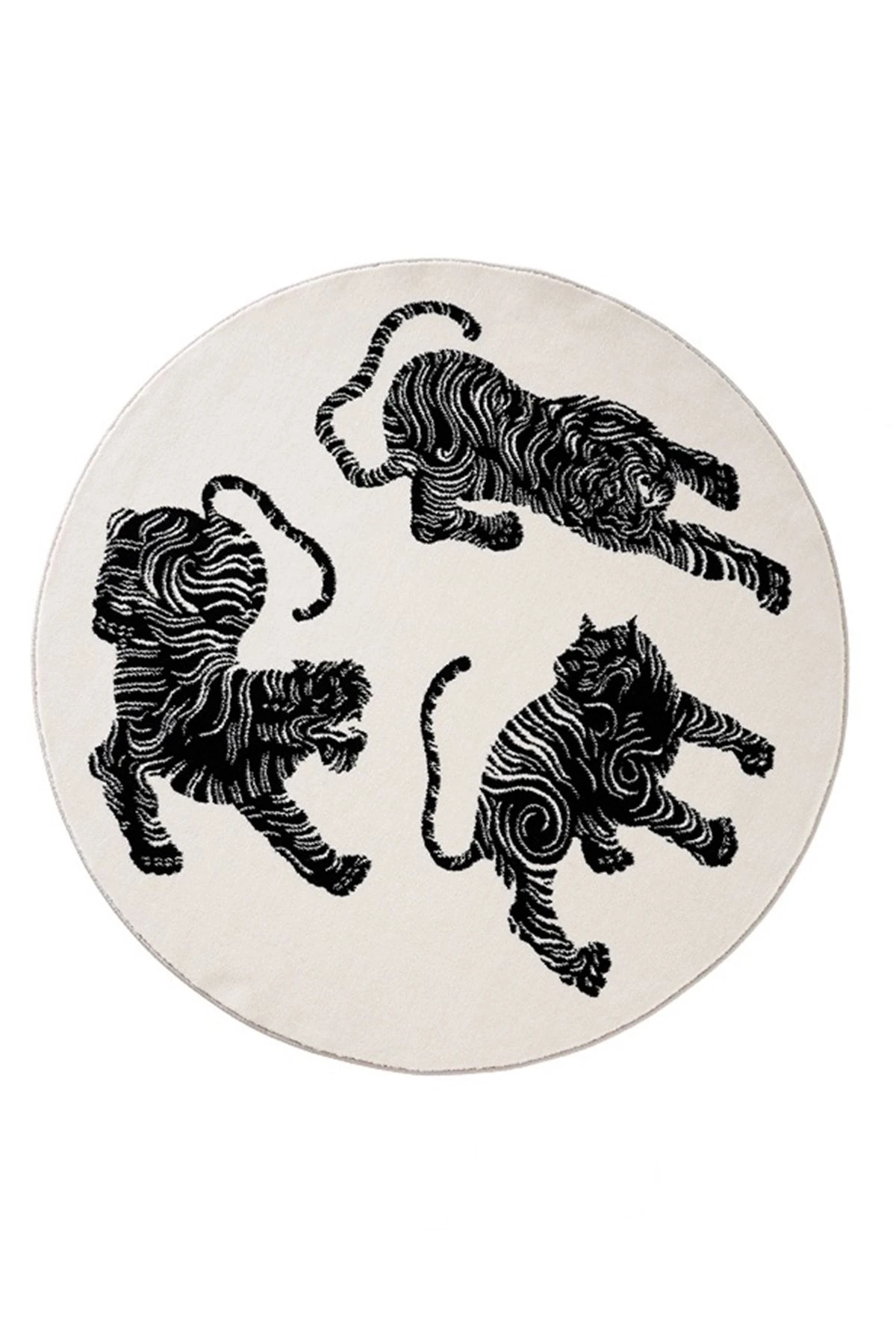 Beyaz Üç Kaplan Figürlü Dokuma Taban Yuvarlak Halı Mira 1304