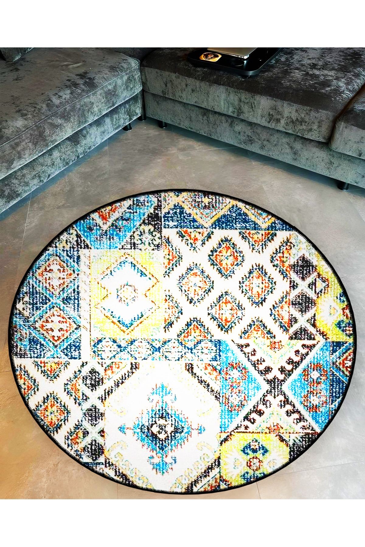 Mira Yuvarlak Mavi Yeşil Etnik Desenli Dokuma Taban Dekoratif Halı 5725