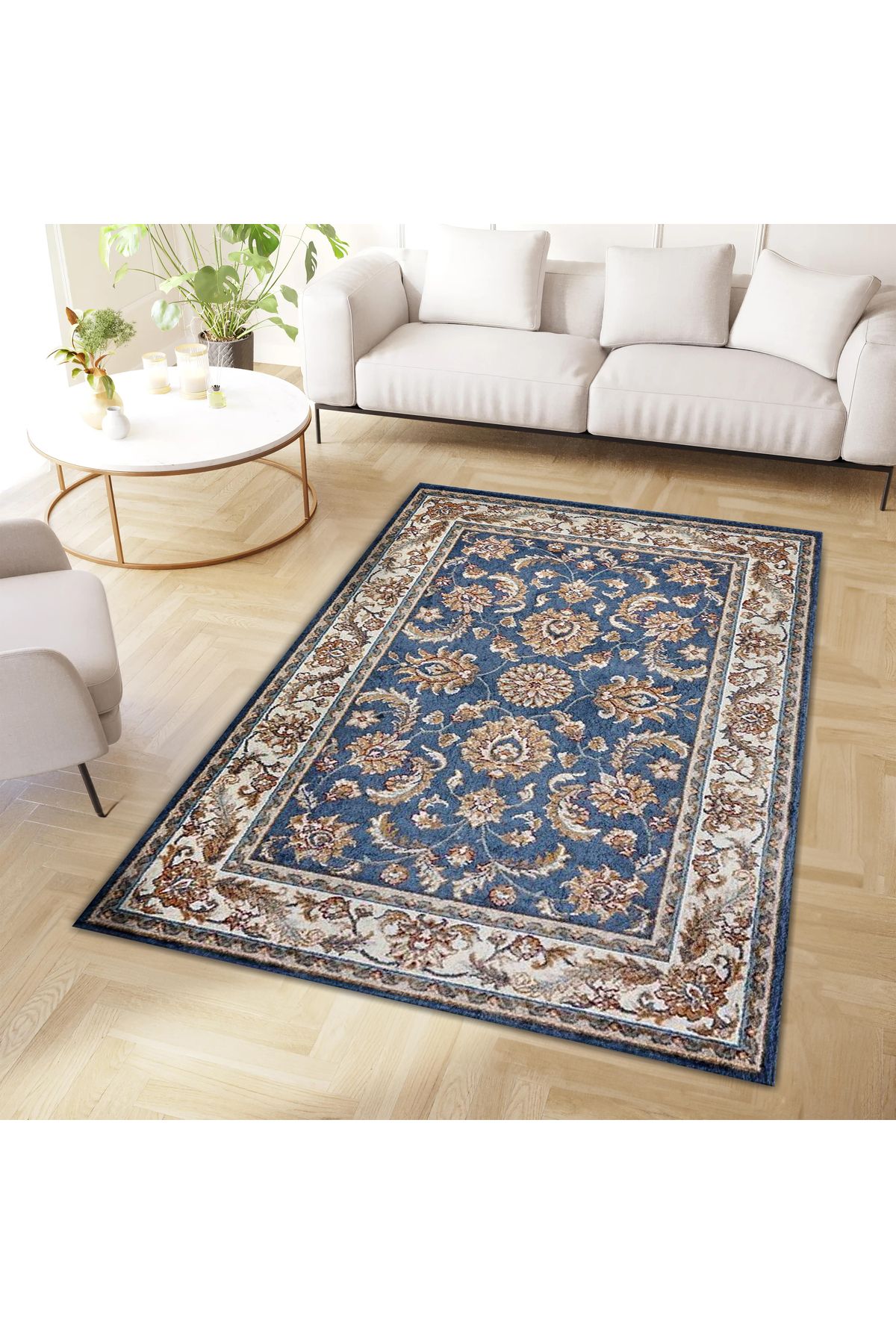 Kuzey Koleksiyonu Mavi Bej Etnik Desenli Dokuma Taban Dekoratif Halı kuzey12