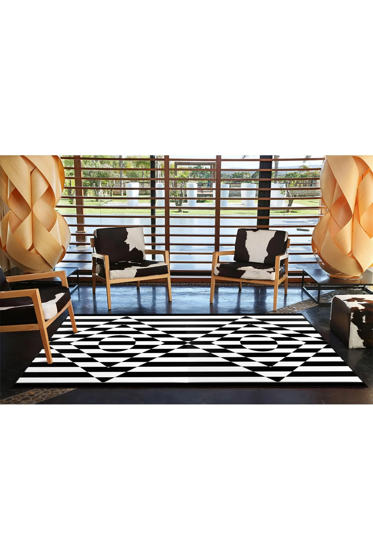 Siyah Beyaz Geometrik Şekilli Desenli Dekoratif ve Yıkanabilir Halı miravip9234