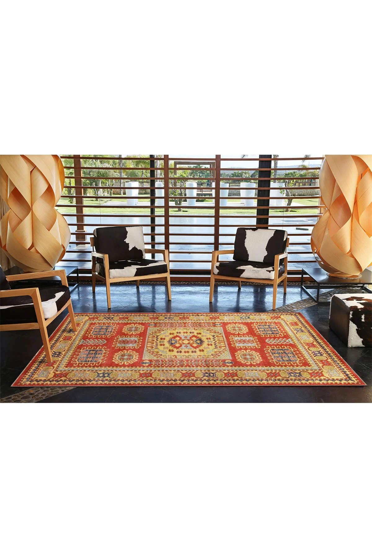 Kırmızı Tonlarında Geometrik Modern Dekoratif Halı 3674