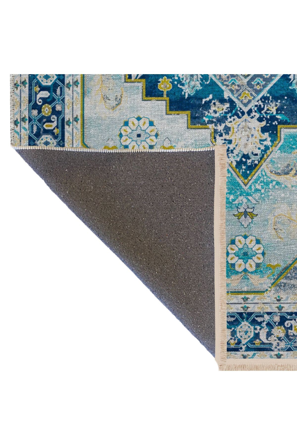 Mavi Temalı Geleneksel Motif Etnik Çiçek Desenli Kreatif Vintage Dekoratif Halı 2617
