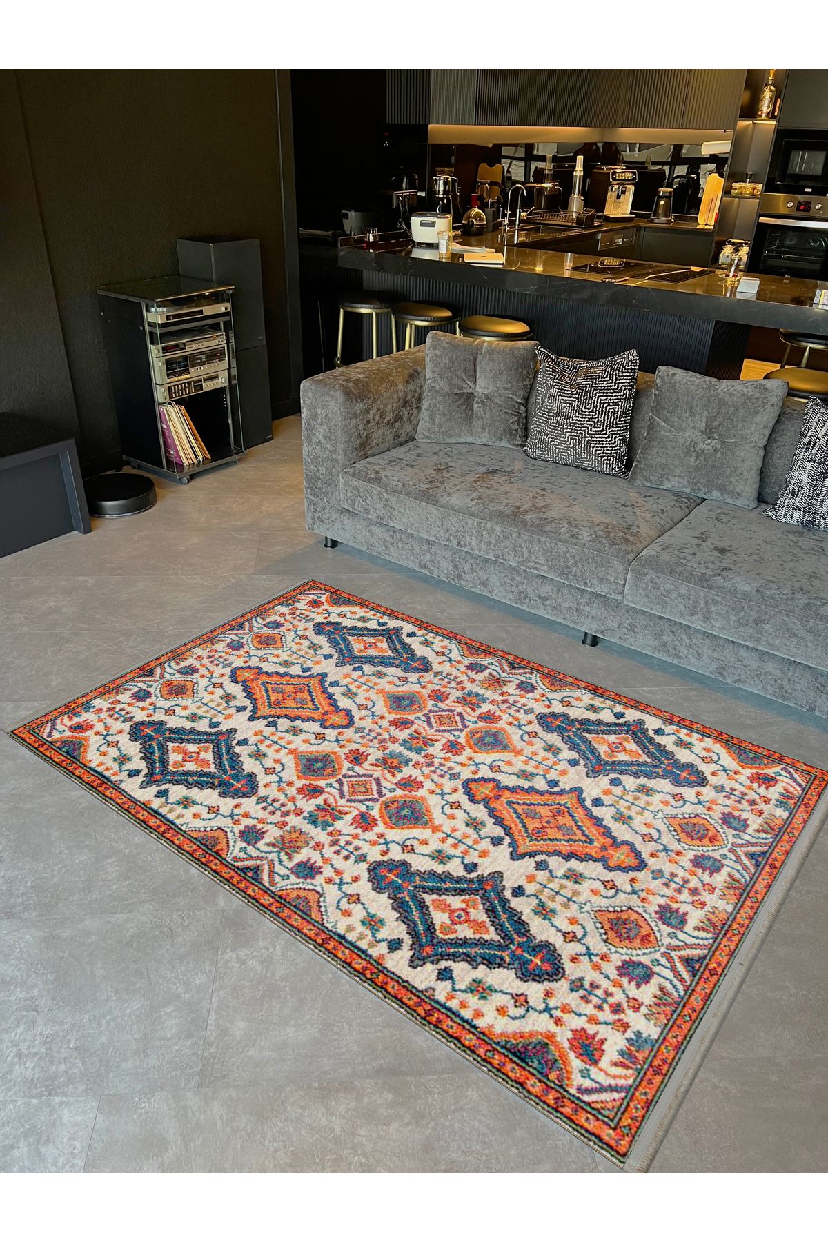 Asya Koleksiyonu Turuncu Lacivert Etnik Desenli Dokuma Taban Modern Dekoratif Halı asya31