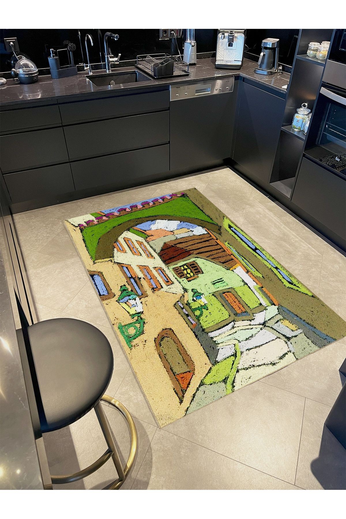 Tuğrul Koleksiyonu Pastel Renkler Sokak Arasındaki Evler Desen Dokuma Taban Modern Dekoratif Halı 46