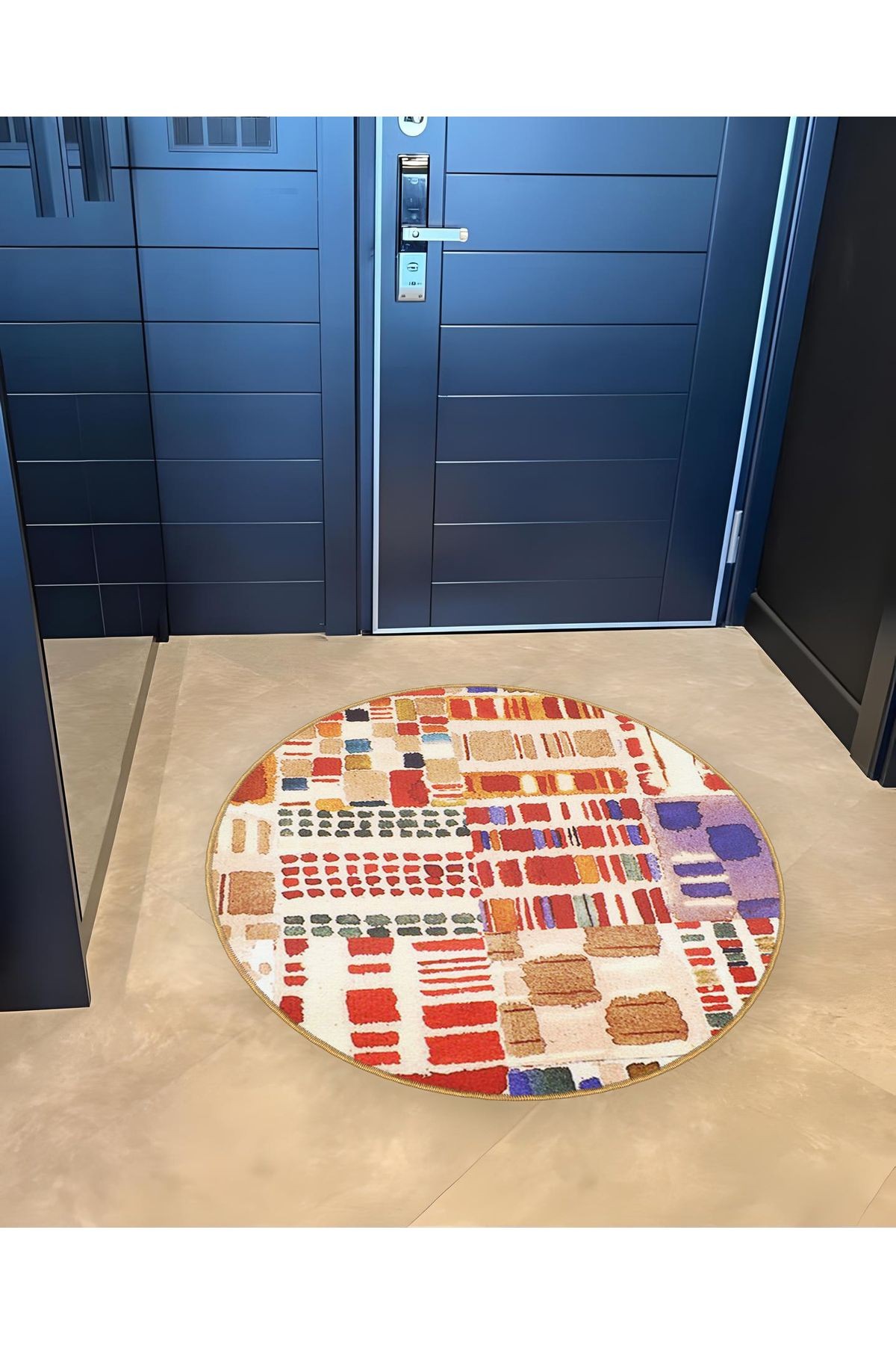 Çok Renkli Karma Geometrik Desenli Yuvarlak Dokuma Taban Modern Dekoratif Halı 6084