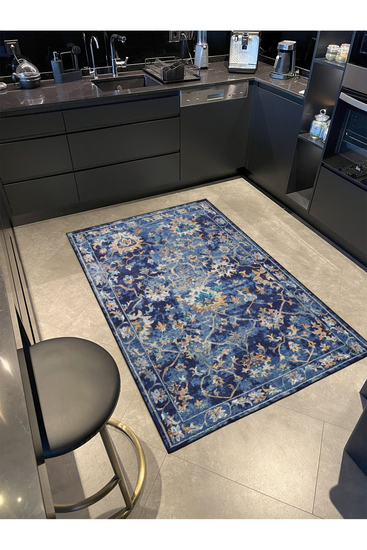 Floral Çiiçekli Mavi Renkli Dokuma Taban ve Dekoratif Halı miravip611